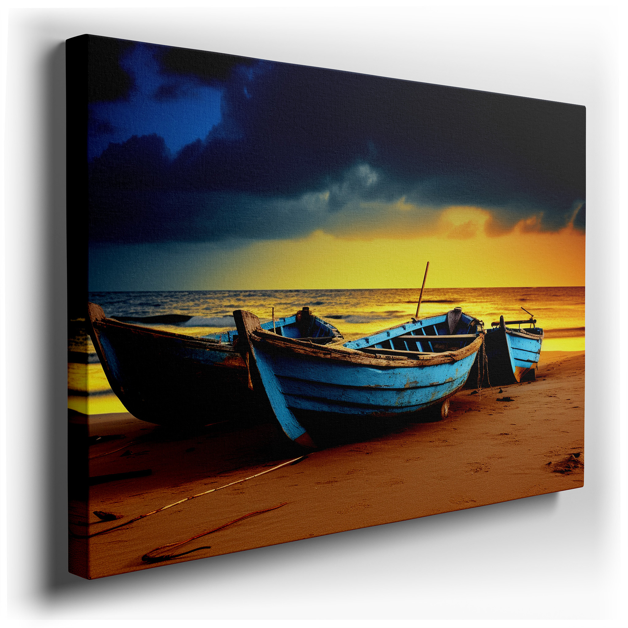 Serene Sunset and Aged Blue Boats on a Sandy Shore - A Visual Exploration of Time and Memory Large Wall Art, Canvas