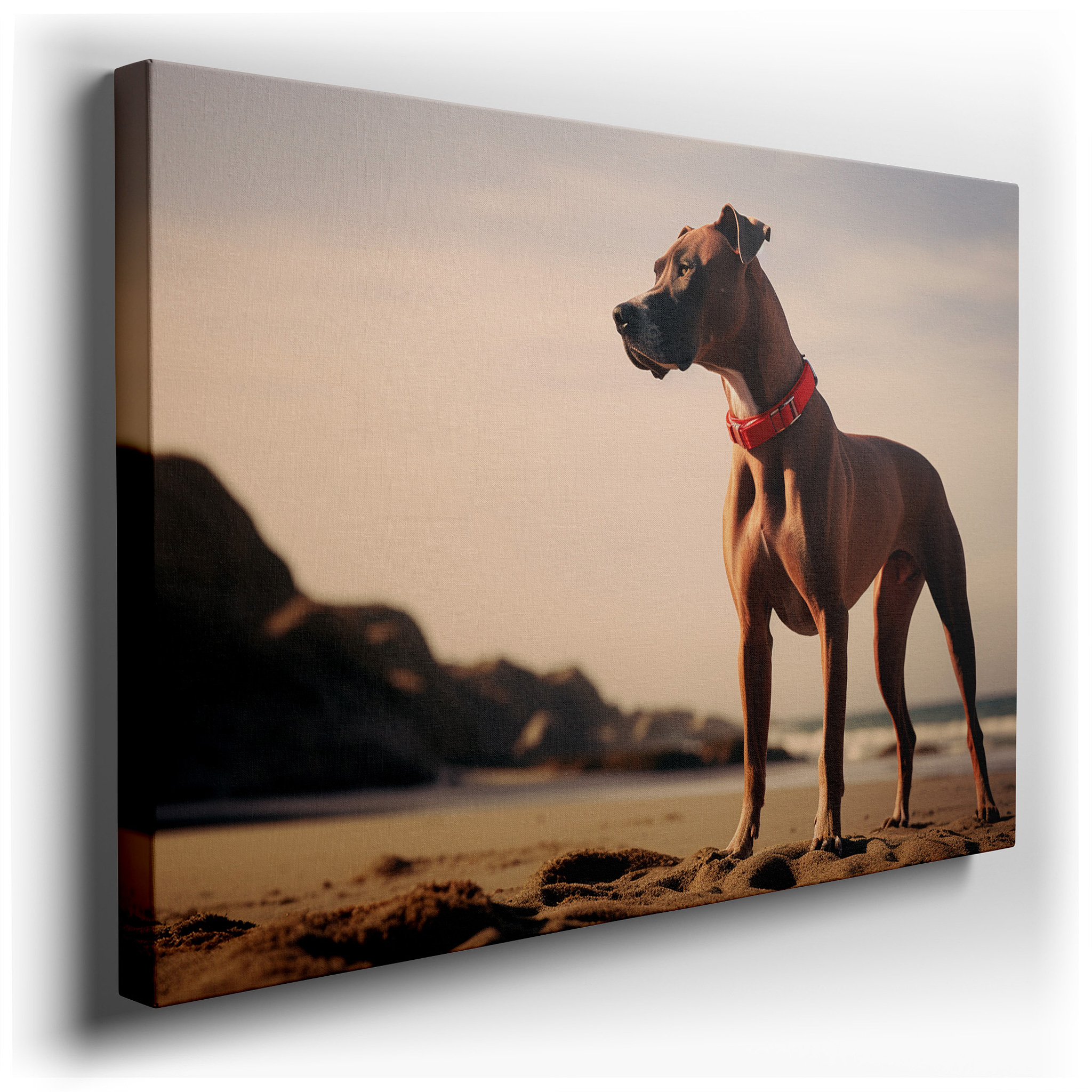 Serene Sunset and Faithful Dog Overlooking the Ocean - Large Canvas Wall Art for Office and Bedroom Decor wrapped