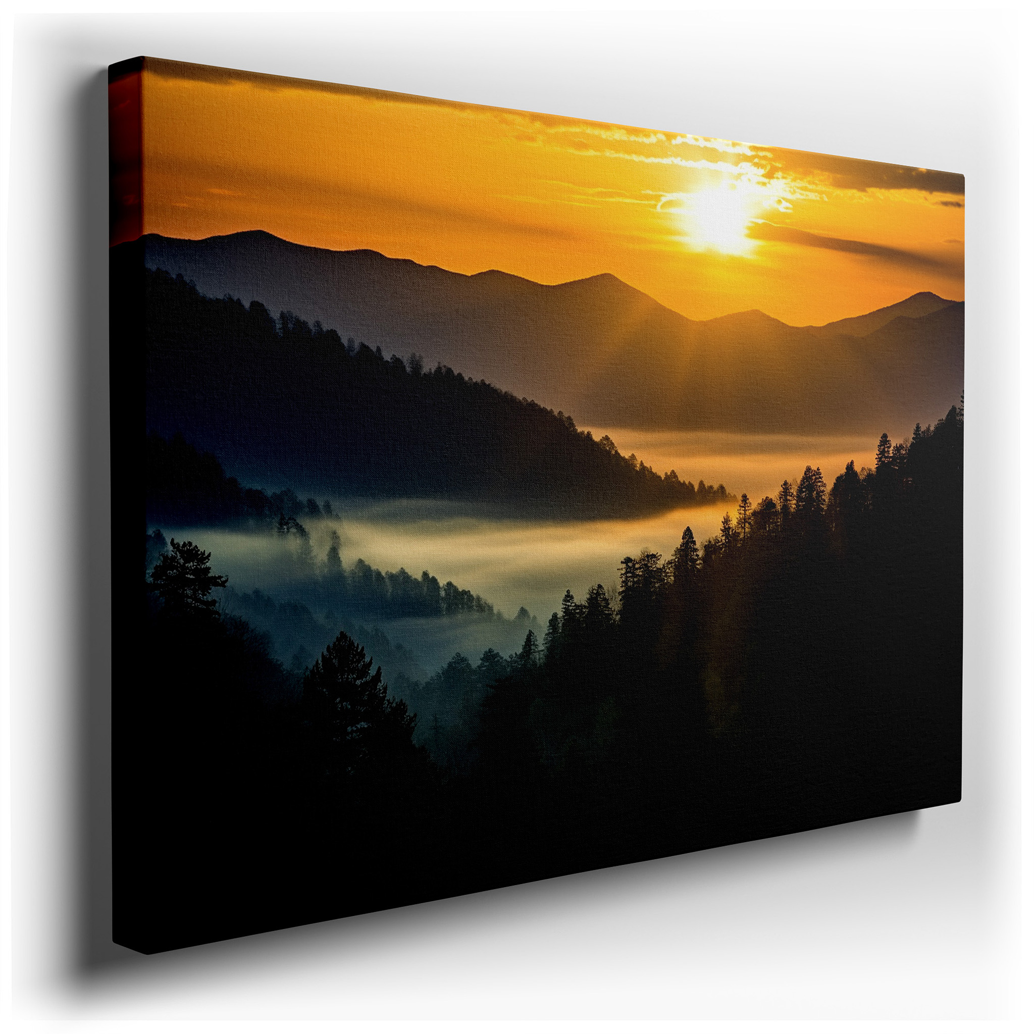 Serene Sunset and Misty Mountains Wall Art: Tranquil Wilderness Large Canvas for Home and Office Decor, Perfect for