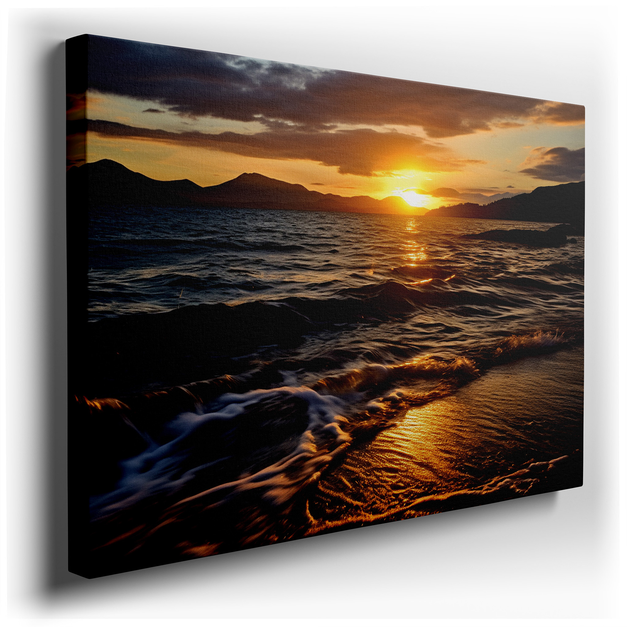 Serene Sunset and Mountain Guardians Canvas Print - Tranquil Ocean Vista Wall Art for Home and Office Decor, Perfect