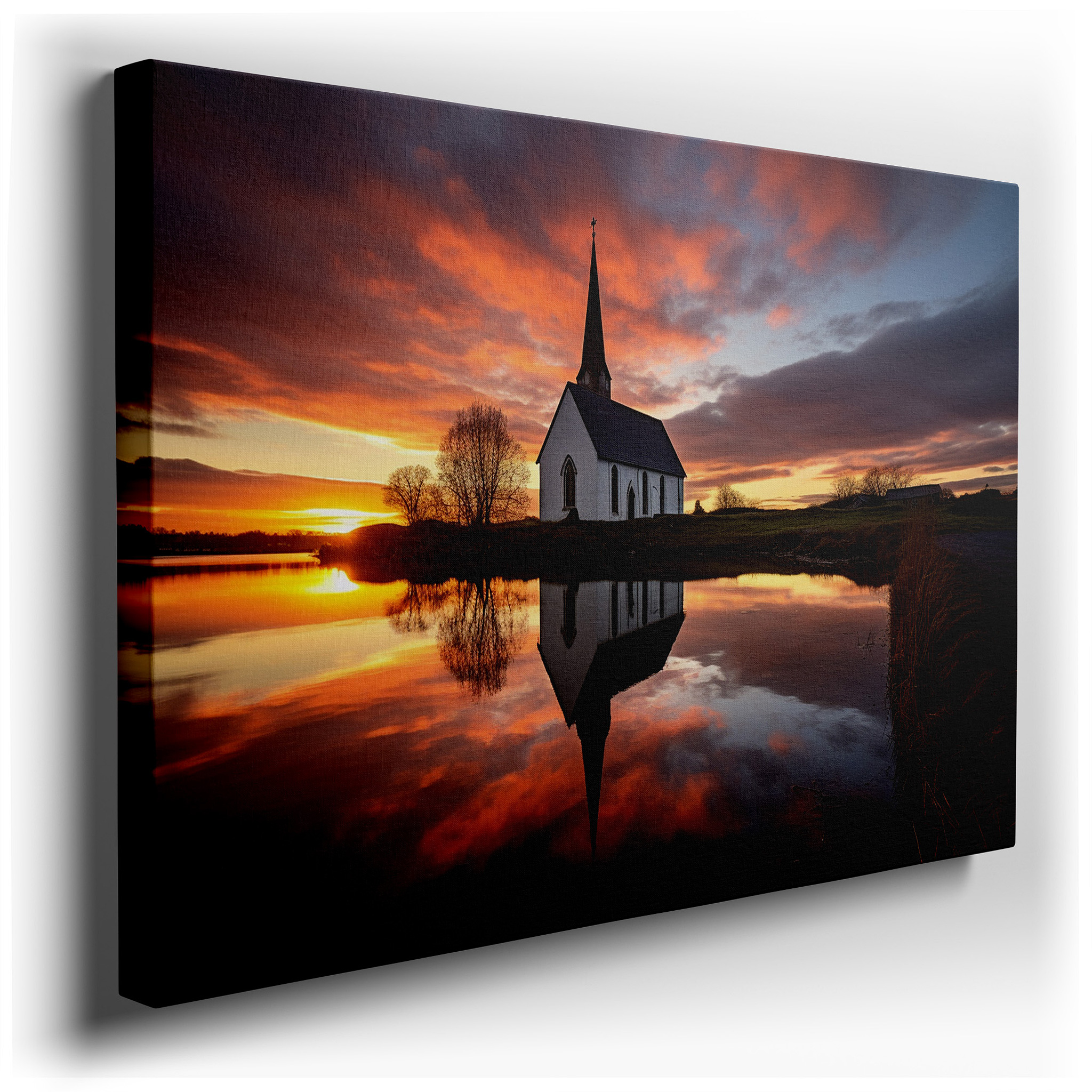 Serene Sunset and Quaint Church Reflections by a Lake - Nature and Architecture Masterpiece Large Wall Art, Canvas Wall