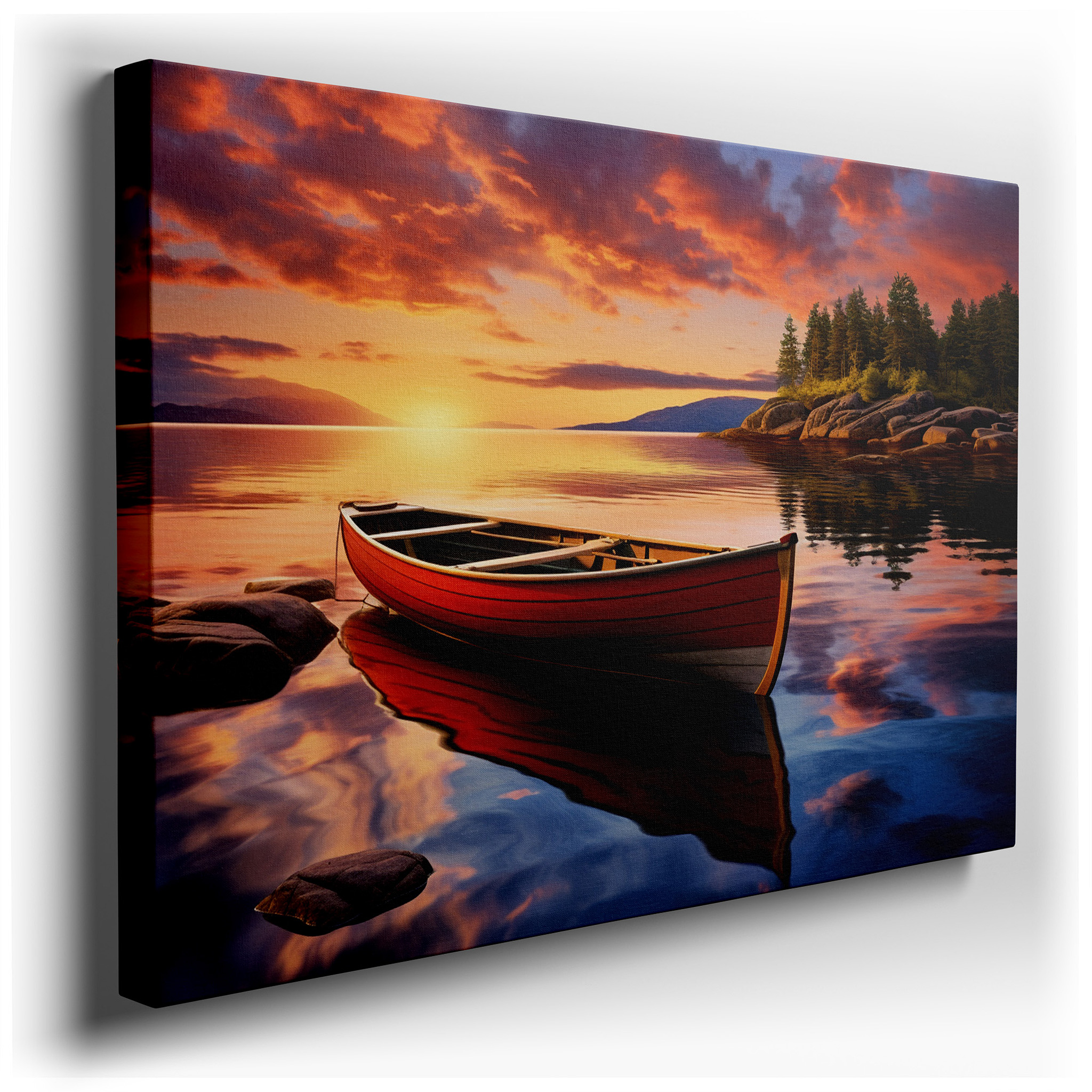 Serene Sunset and Red Canoe by Rugged Rocks - Tranquil Lake Escape Large Wall Art, Canvas Wall Art, Wall Decor for