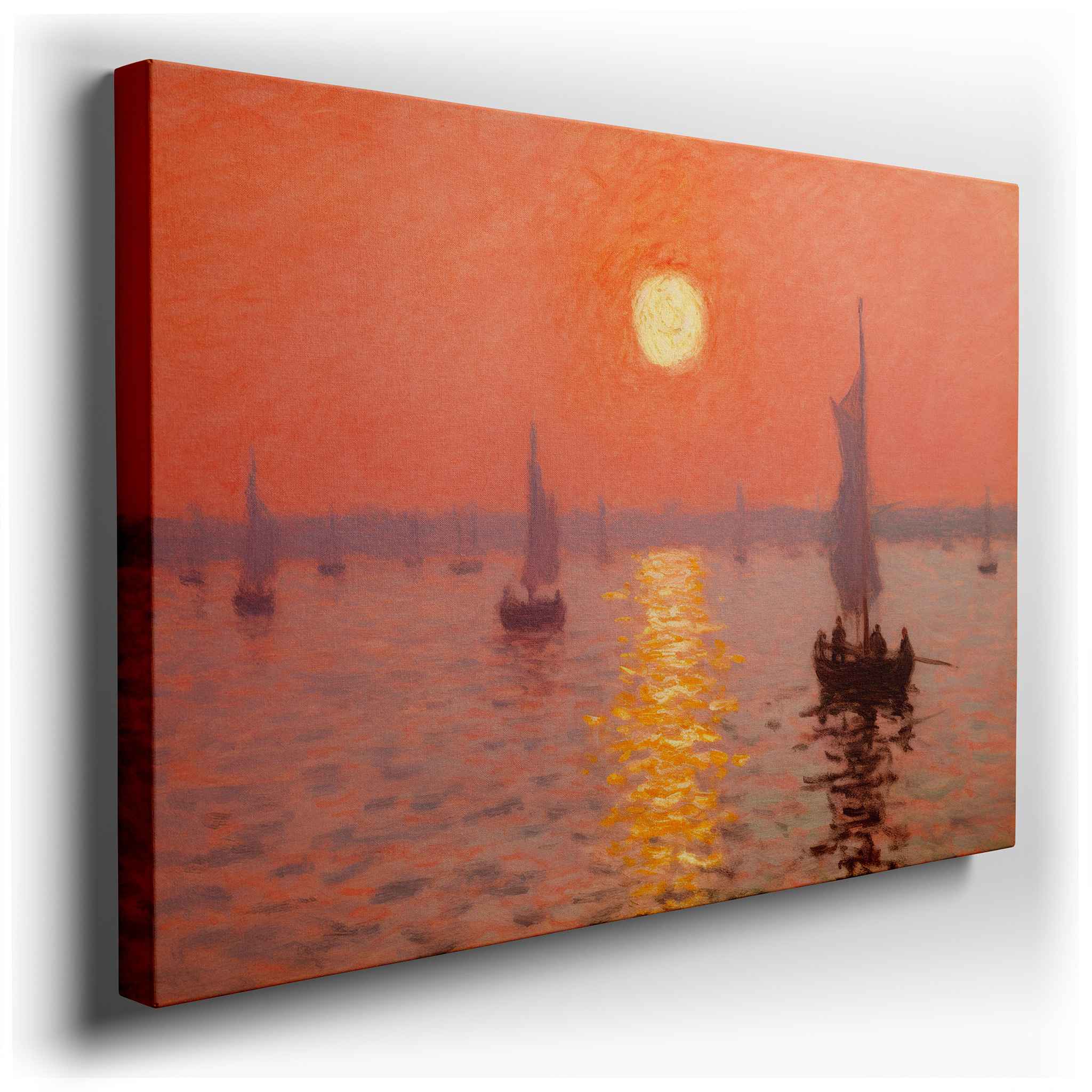 Serene Sunset and Silhouetted Sailing Boats Over Tranquil Waters Large Canvas Wall Art for Office and Bedroom Decor
