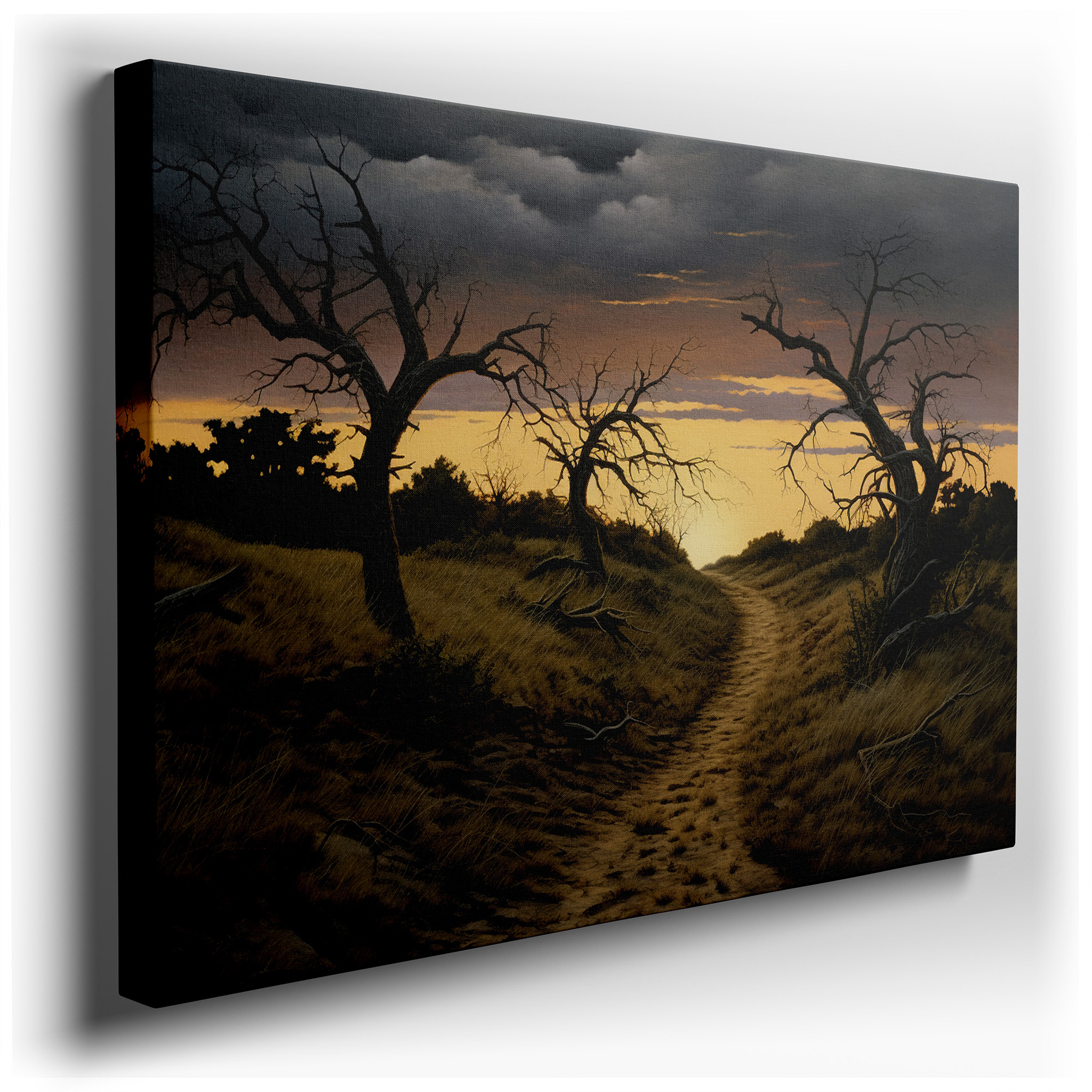 Serene Sunset and Silhouetted Trees Over Tranquil Landscape with Luminous Path - Large Canvas Wall Art for Office and