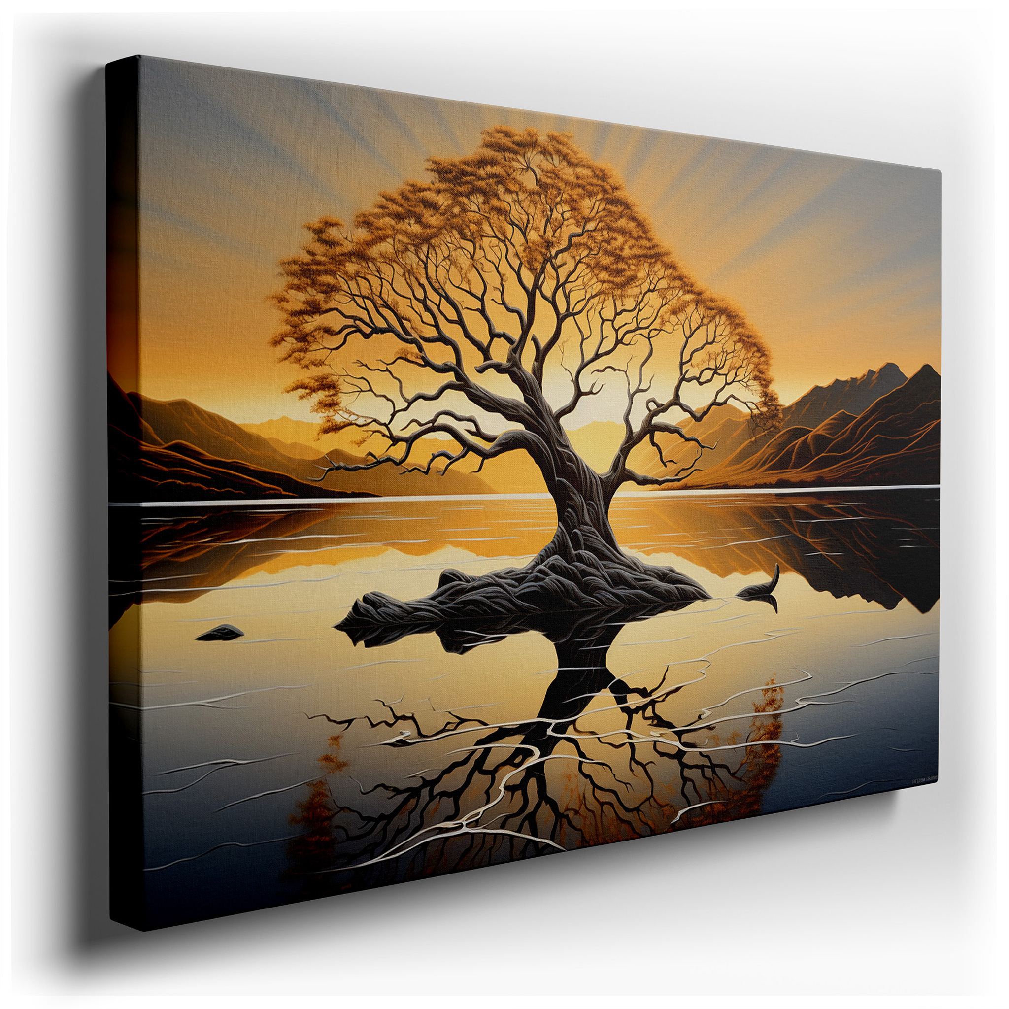 Serene Sunset and Solitary Tree Reflection - Peaceful Scenery Large Wall Art, Canvas Wall Art, Decorative Wall Art for
