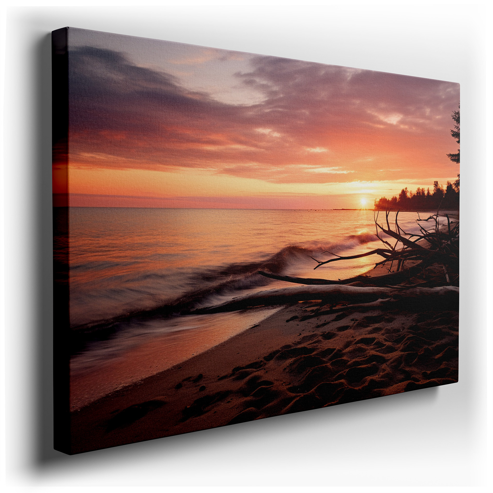 Serene Sunset and Tranquil Lake Canvas Print with Driftwood Highlights - Large Wall Decor for Office, Bedroom, and