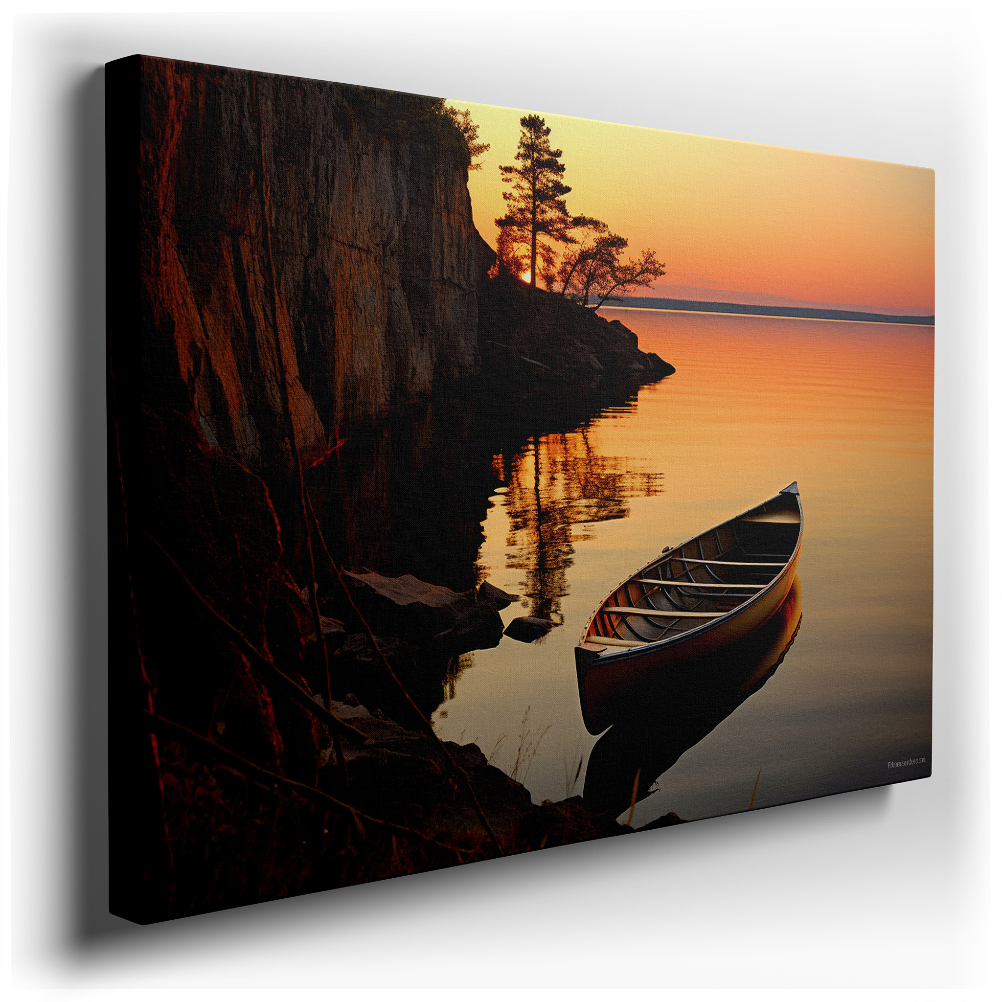 Serene Sunset and Tranquil Lake with Canoe Canvas Print, Vivid Nature Reflection Large Wall Decor for Office wrapped