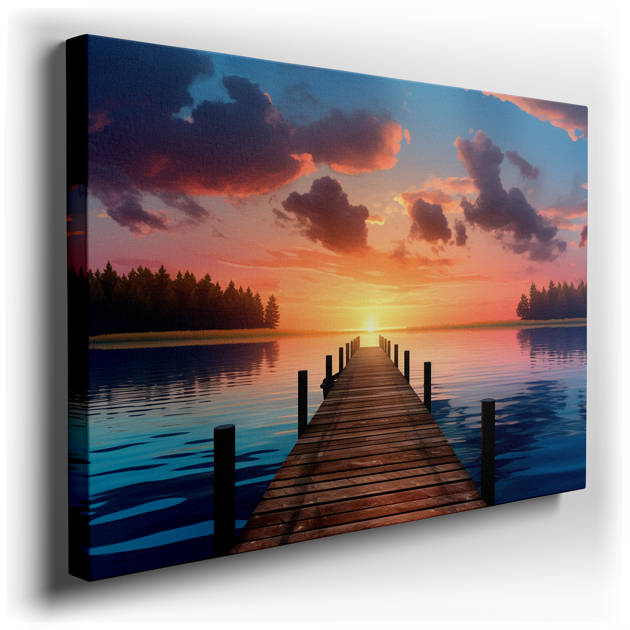 Serene Sunset and Tranquil Lake with Rustic Dock Large Canvas Wall Art for Office, Bedroom, and Living Room Decor