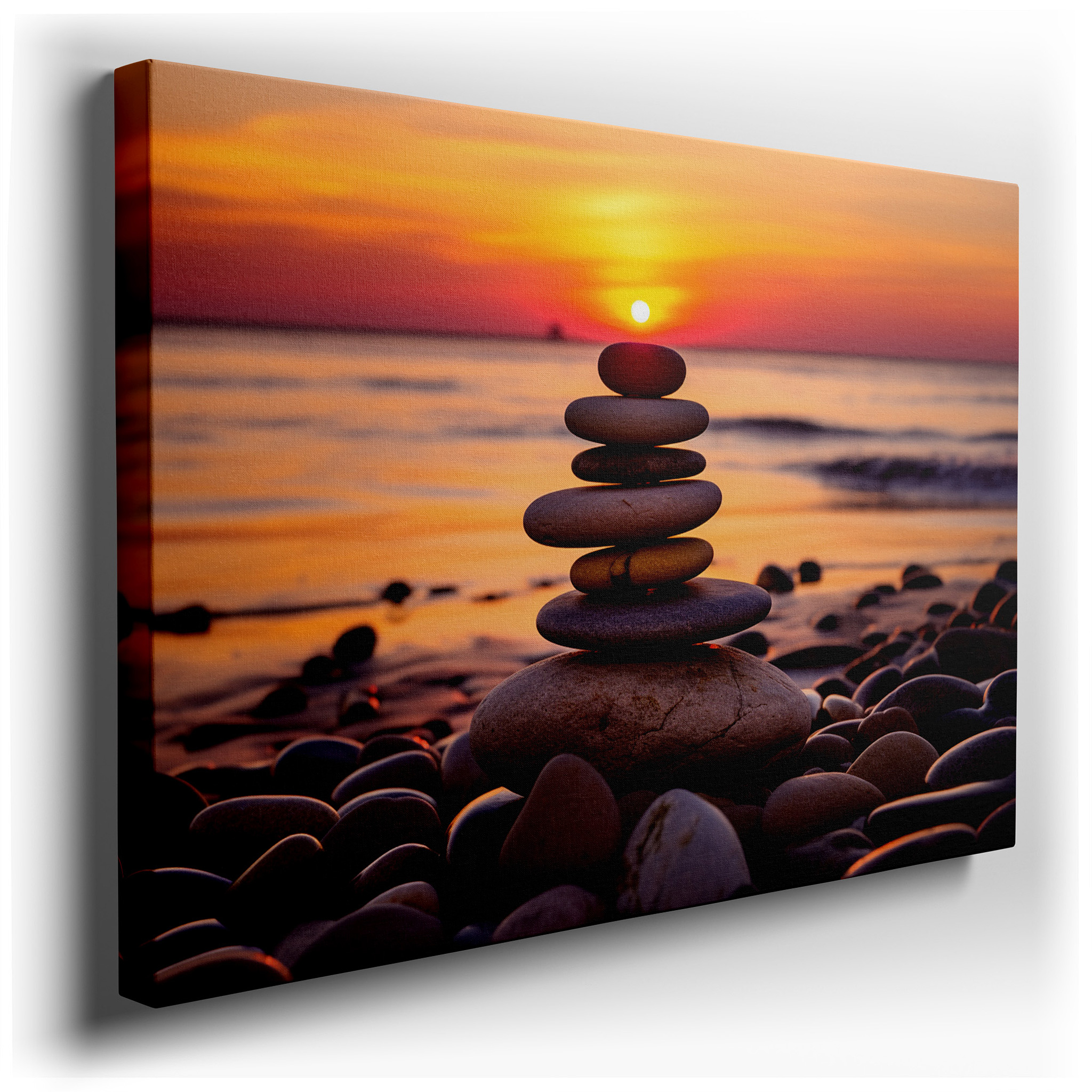 Serene Sunset at Pebble Beach Featuring Balanced Stones, Symbolizing Harmony and Peace - Large Canvas Wall Art for Home