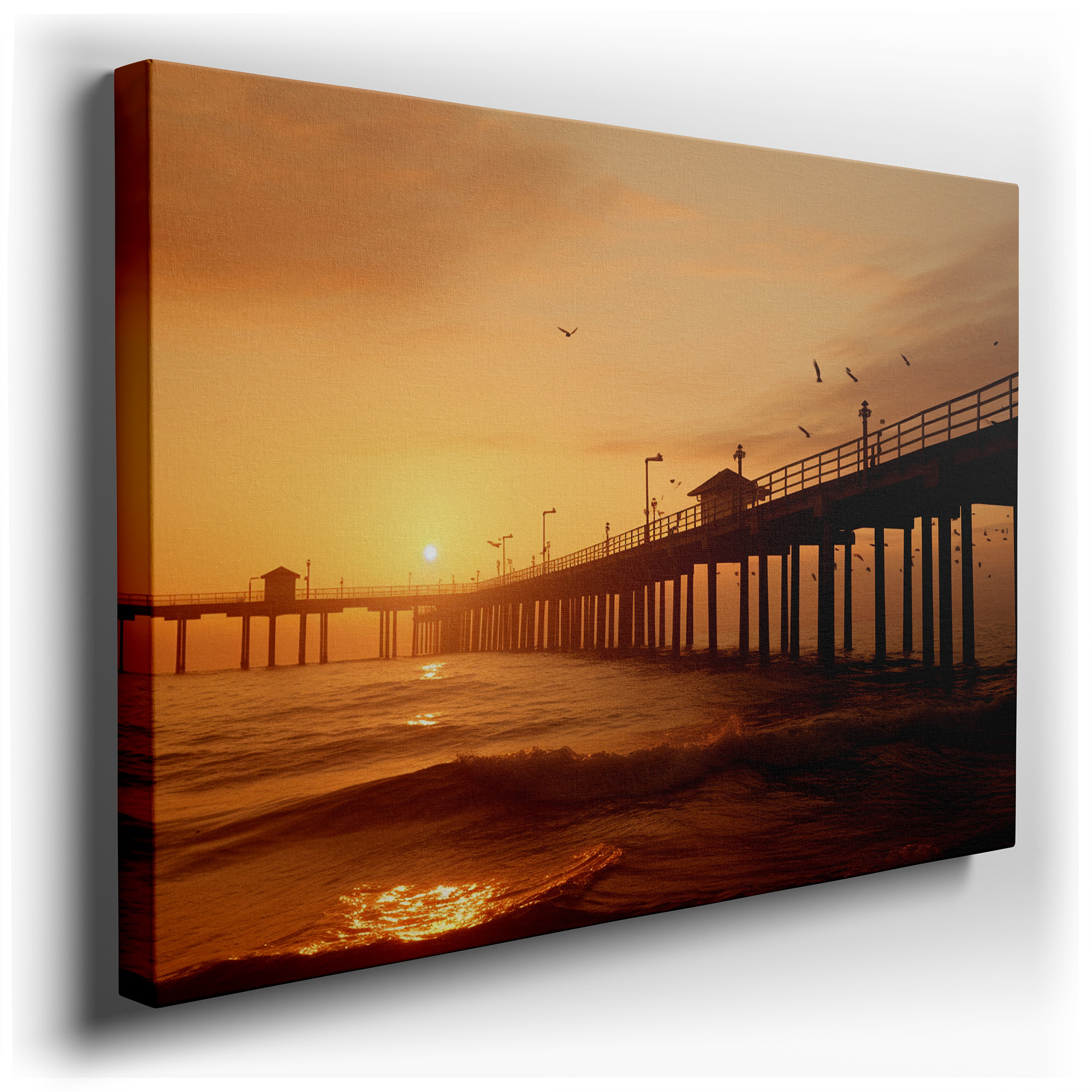 Serene Sunset at the Fishing Pier: Large Canvas Wall Art Featuring Warm Hues and Coastal Calm, Ideal for Home or Office