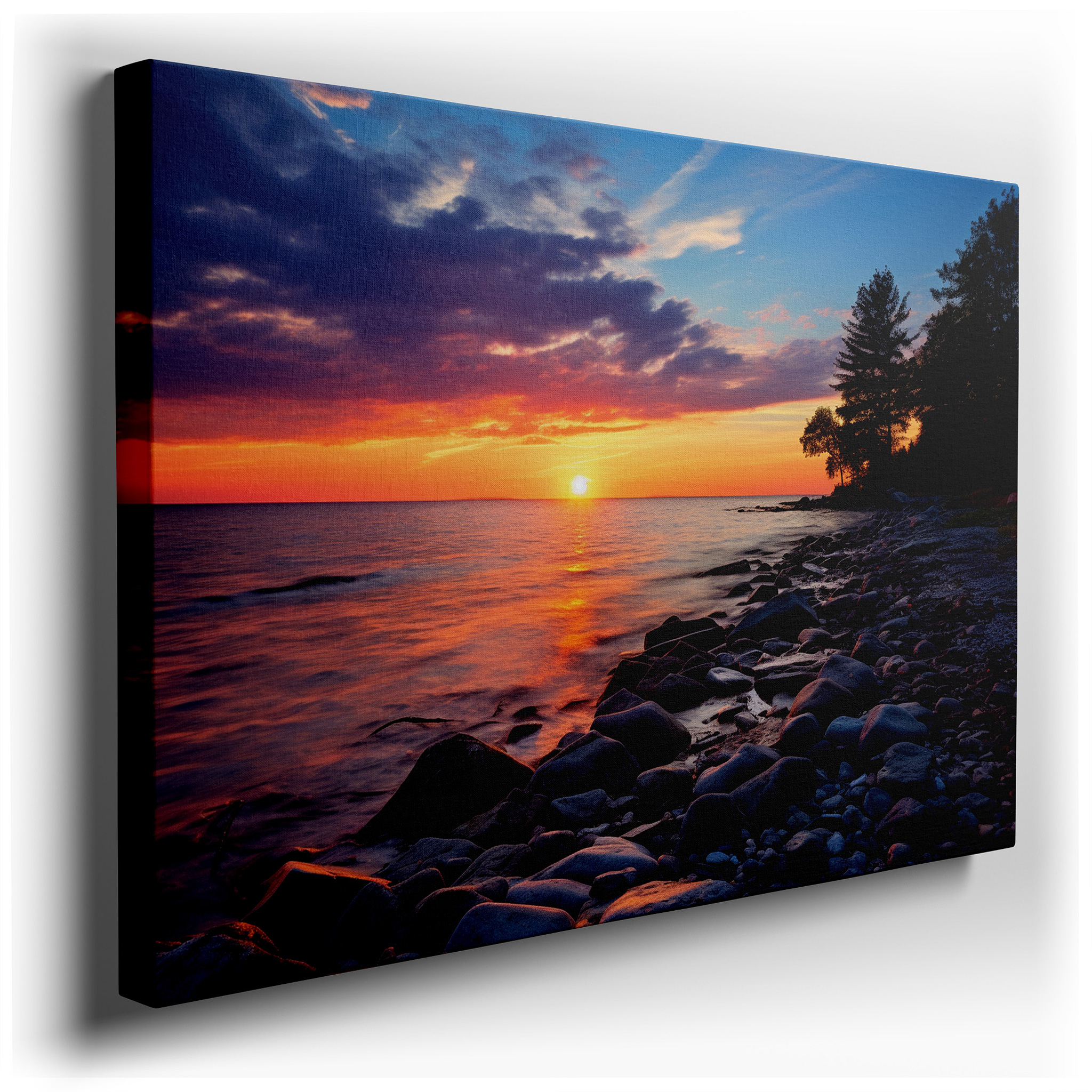 Serene Sunset at the Lake: A Symphony of Orange, Blue, and Purple Hues Reflecting Nature's Splendor - Large Wall Art,
