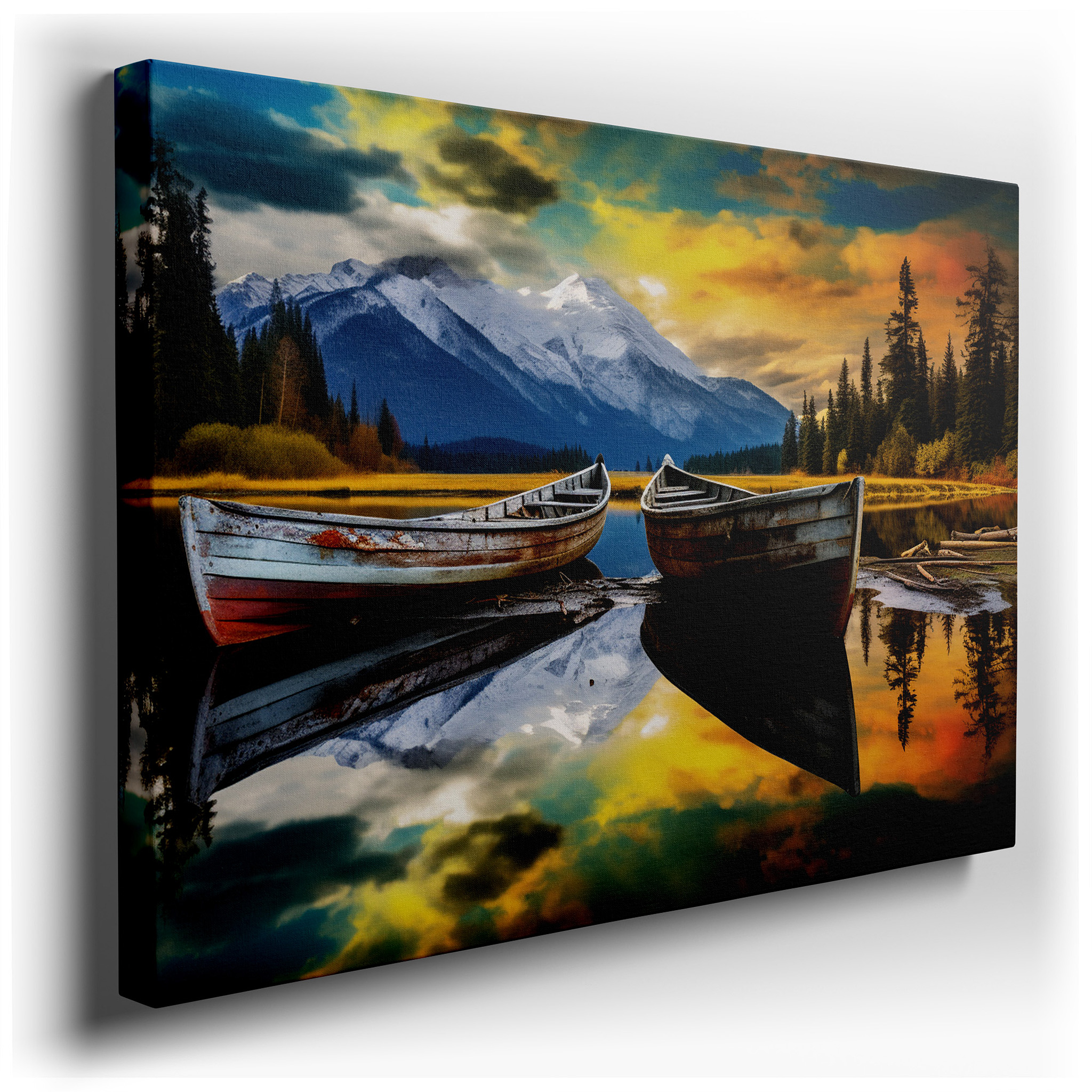 Serene Sunset Boats on a Mountain Lake Canvas Print: Large Wall Art Depicting Nature's Grandeur and Inner Peace for