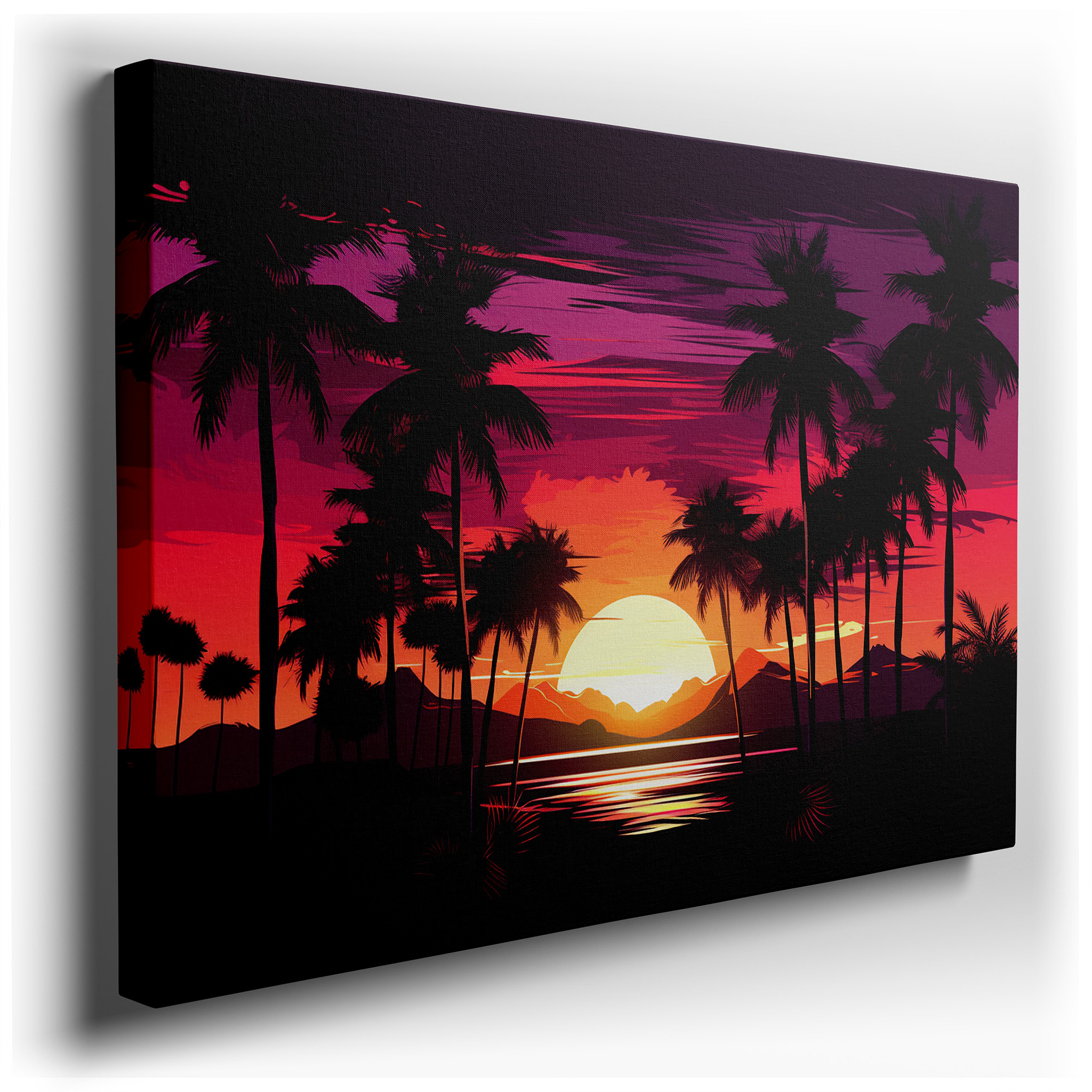 Serene Sunset Canvas Featuring Silhouetted Palm Trees and Ocean Horizon - Large Wall Art for Office, Bedroom, and