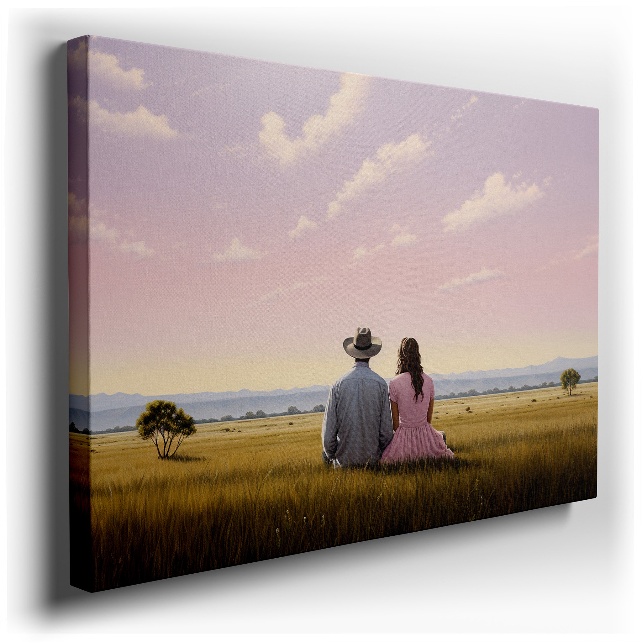 Serene Sunset Embrace in a Peaceful Field, Couple's Connection Amidst Natural Beauty Large Wall Art, Canvas Wall Art,