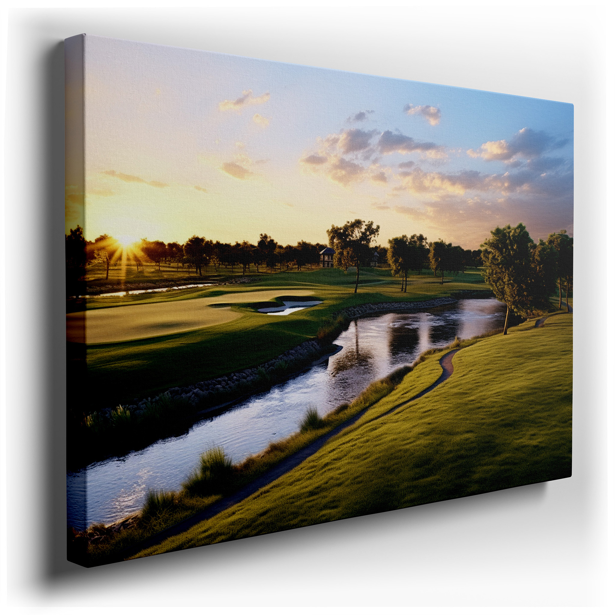 Serene Sunset Golf Course, Tranquil Landscape with Lush Greenery and Radiant Skies, Large Canvas Wall Art Decor for