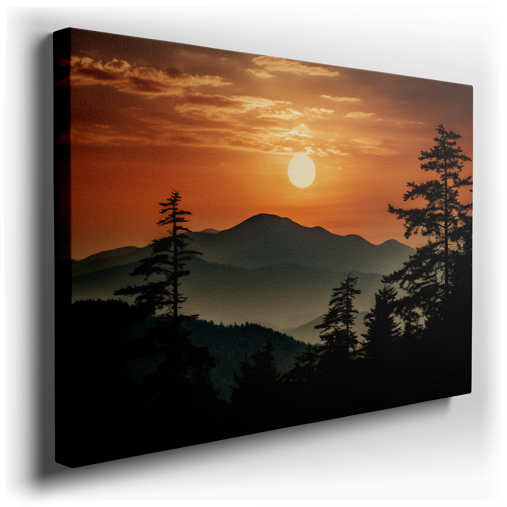 Serene Sunset Majesty: Fiery Hues and Silhouetted Trees - Large Canvas Wall Art for Office, Bedroom, and Living Room