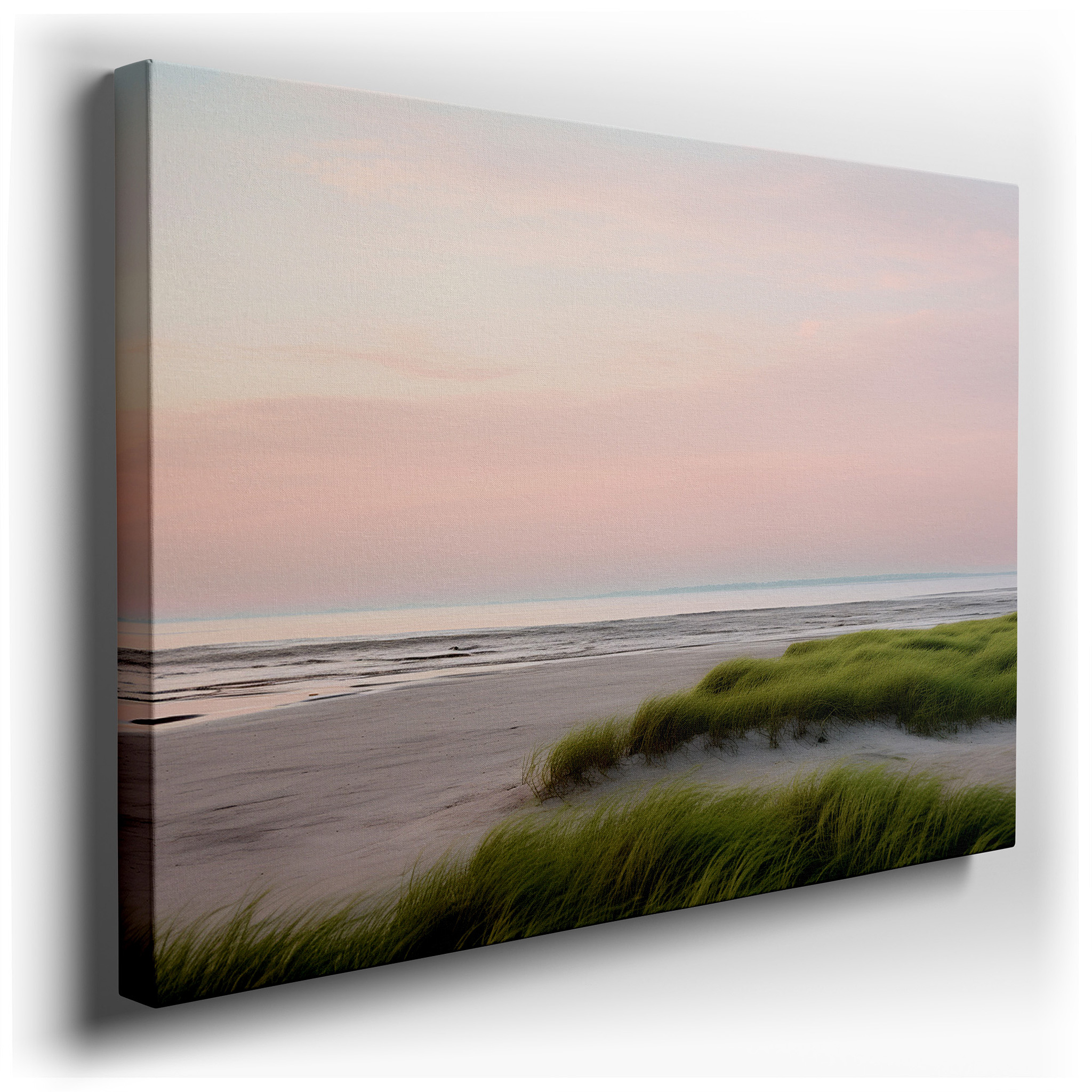 Serene Sunset on a Quiet Beach with Soft Pastel Skies and Gentle Green Grasses - Large Wall Art, Canvas Wall Art, Wall
