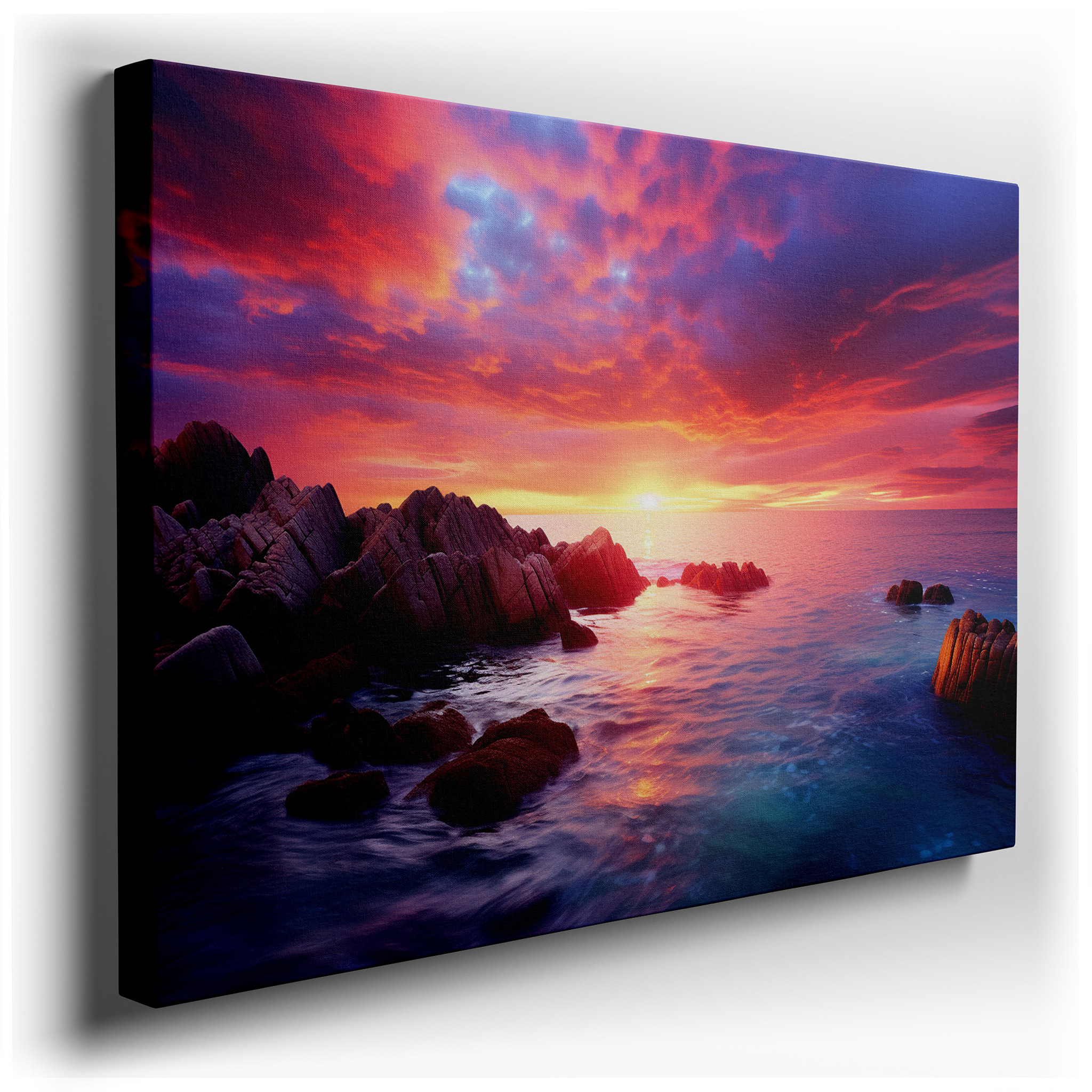 Serene Sunset Over Calm Waters: A Vivid Display of Fiery Oranges, Deep Reds, and Soothing Purples - Large Canvas Wall