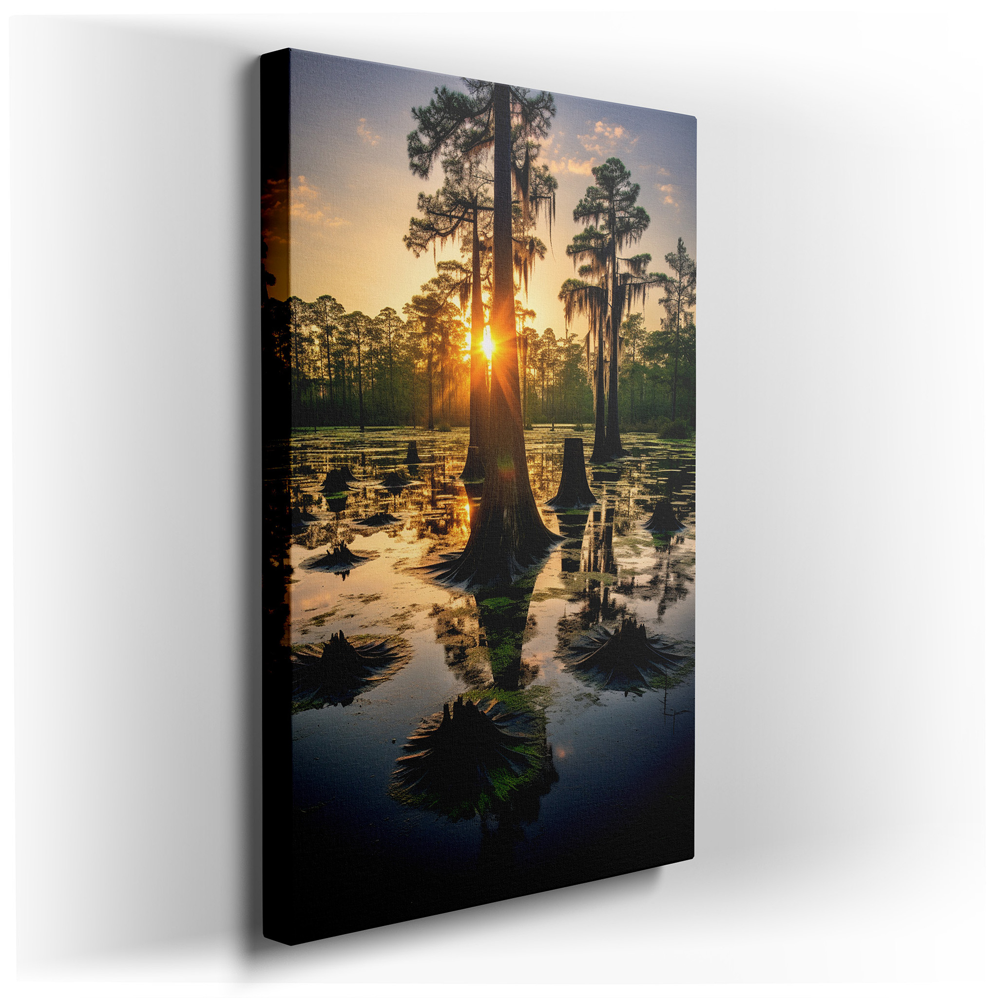 Serene Sunset Over Cypress Swamp: A Tranquil Reflection of Nature's Majesty - Large Canvas Wall Art for Office and