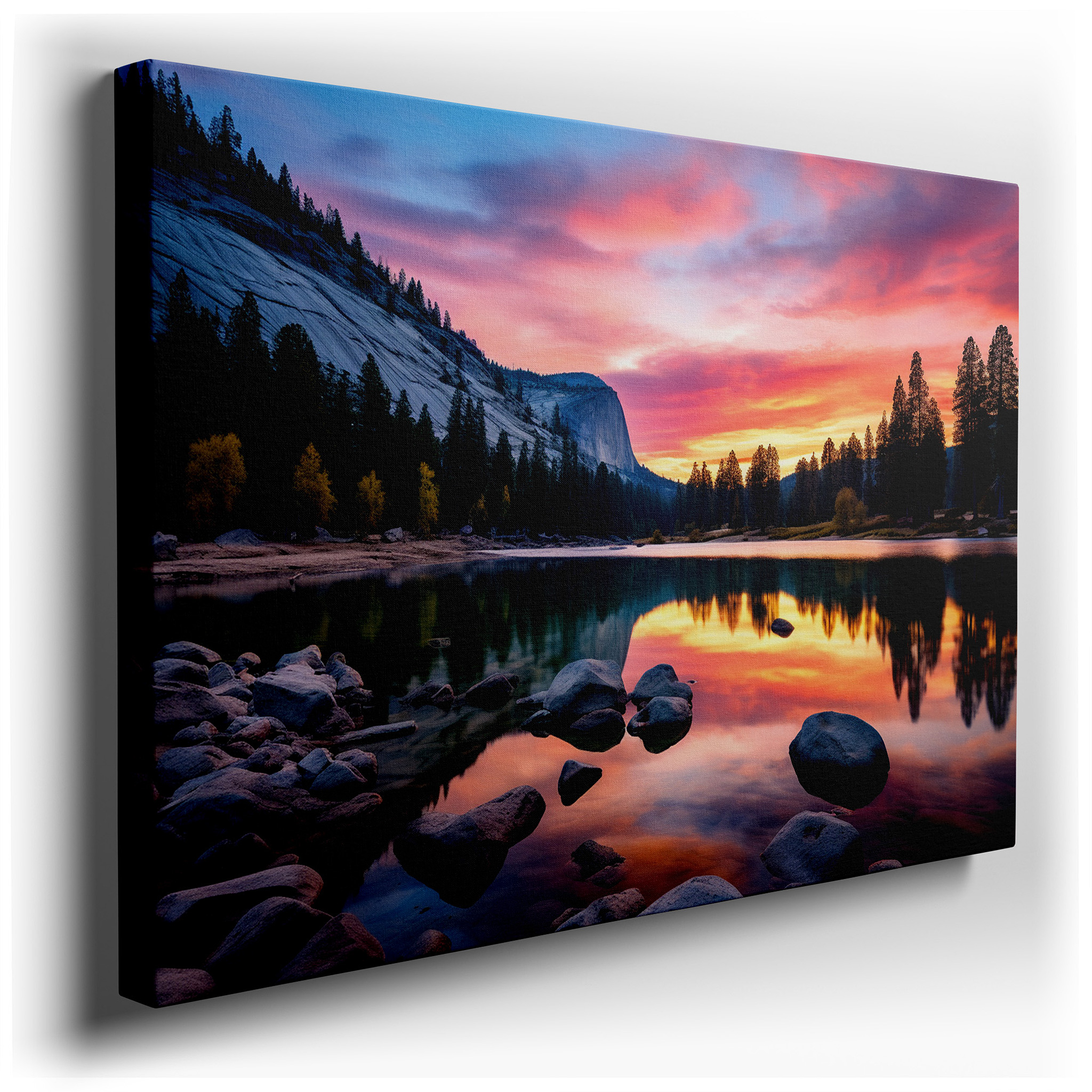 Serene Sunset Over Majestic Rocks and Calm Lake Wall Art: Large Canvas for Office, Bedroom, and Living Room Decor