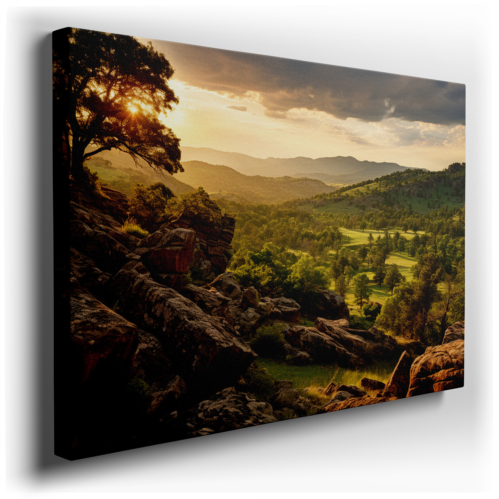 Serene Sunset Over Rolling Hills and Rocky Sentinels: Large Canvas Wall Art for Office, Bedroom, and Living Room Decor