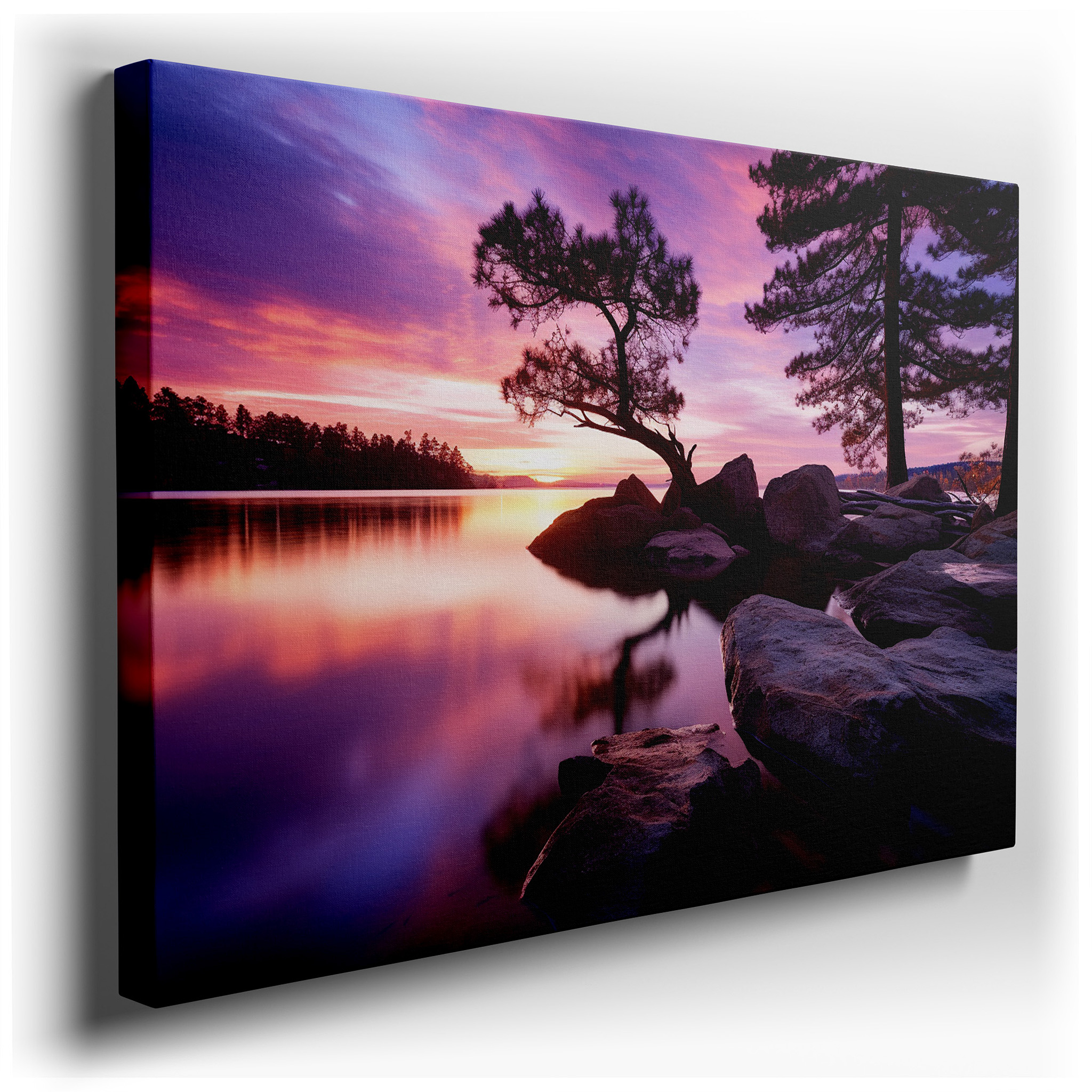 Serene Sunset Over Tranquil Lake: A Vivid Symphony of Fiery Hues and Peaceful Reflections - Large Canvas Wall Art for