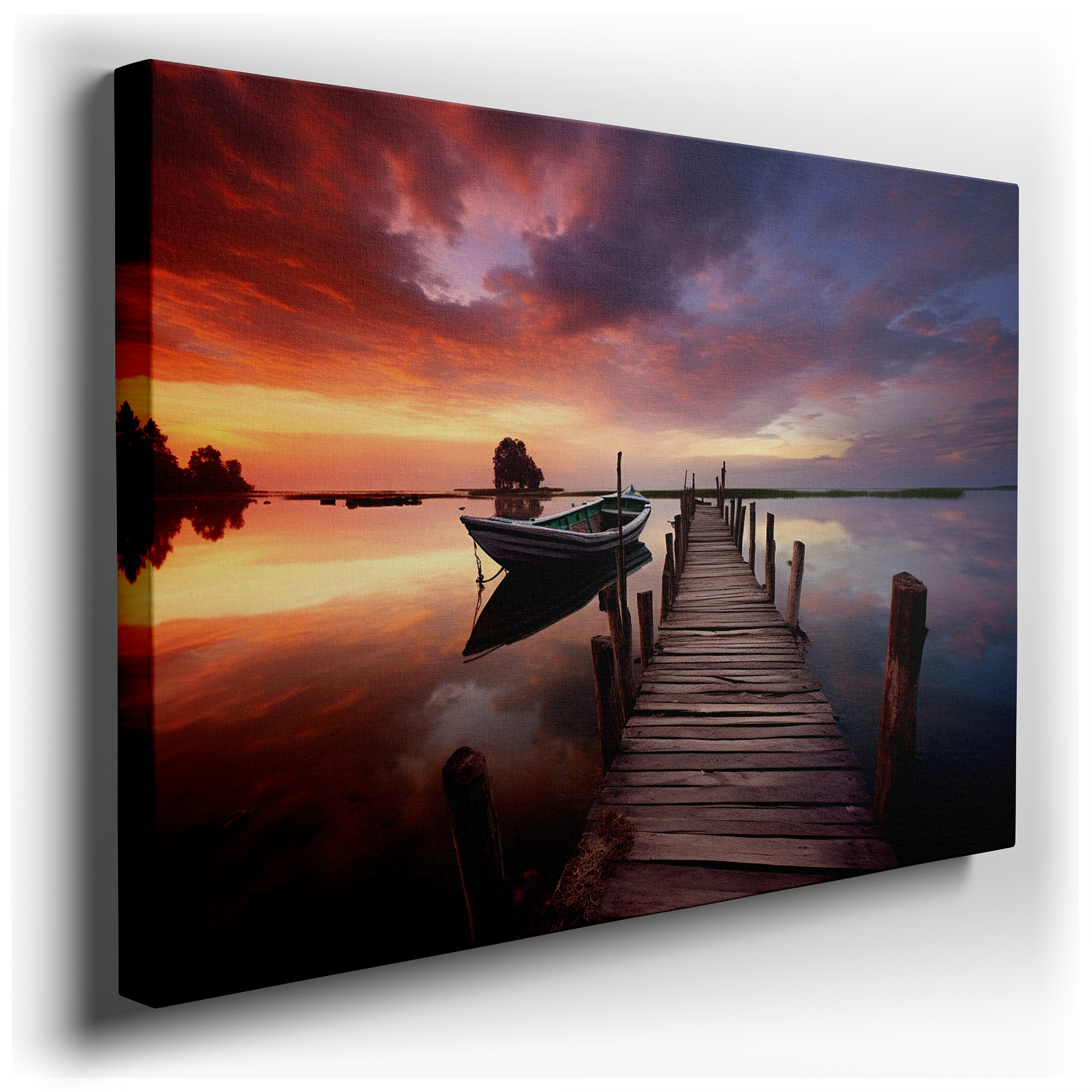 Serene Sunset Over Tranquil Lake Canvas Print Featuring Wooden Dock and Solitary Boat - Ideal for Office, Bedroom, and