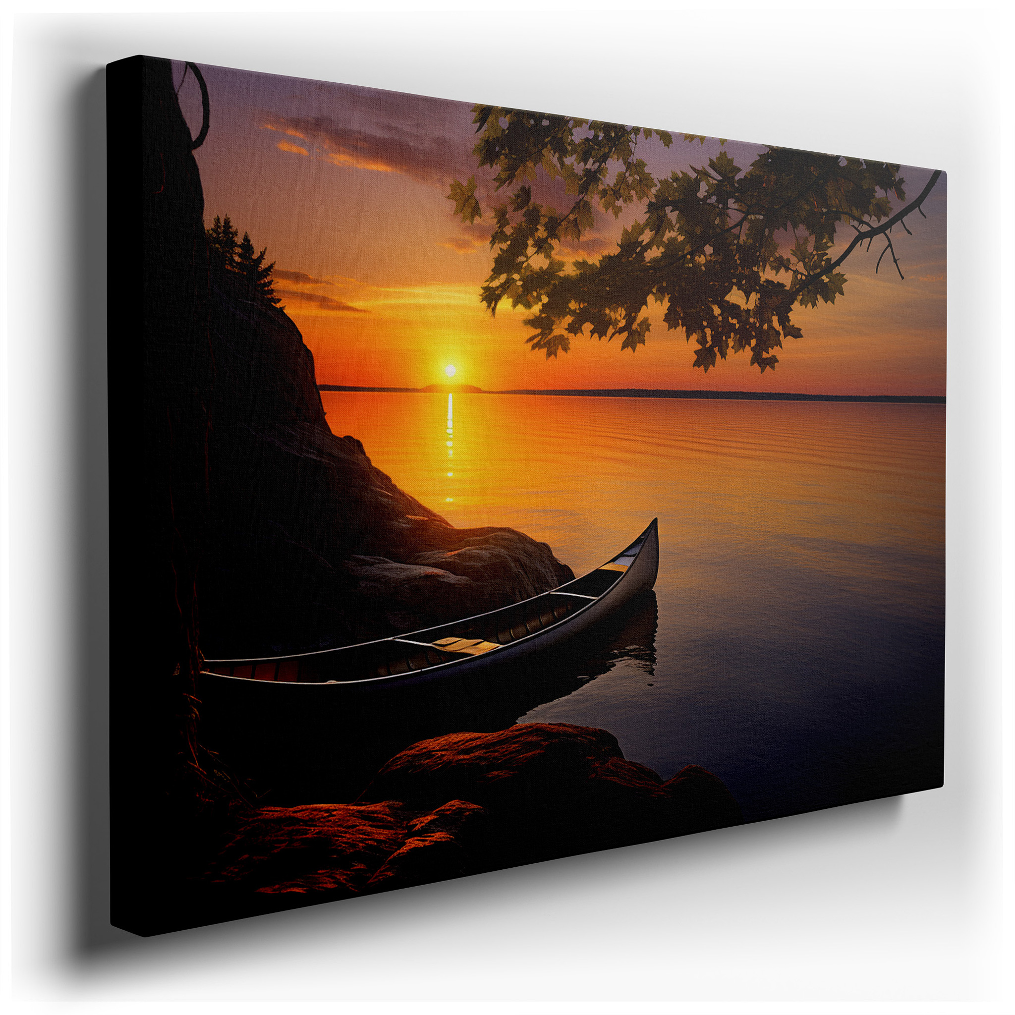 Serene Sunset Over Tranquil Lake with Canoe and Rocky Shoreline - Large Canvas Wall Art for Office, Bedroom, and Living