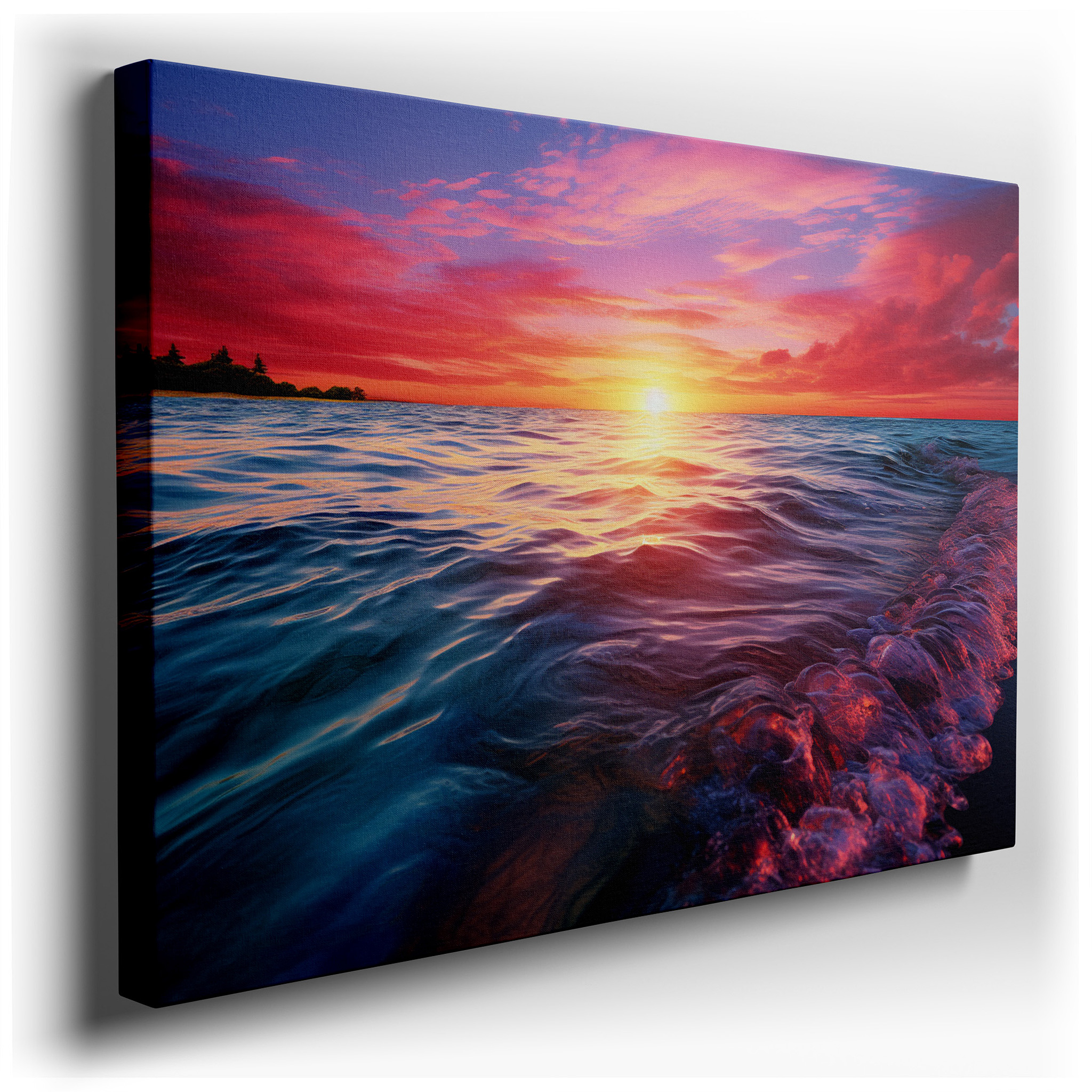 Serene Sunset Over Tranquil Seascape: A Symphony of Fiery Oranges and Calming Blues - Large Canvas Wall Art for Office