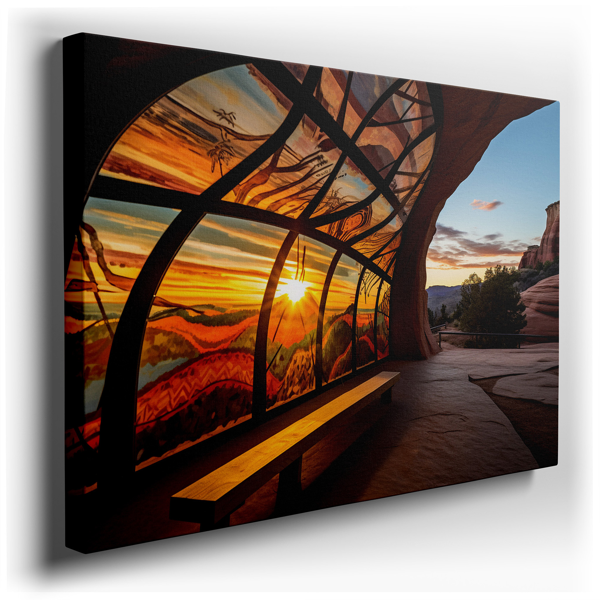 Serene Sunset Viewed Through a Creative Window: A Perfect Fusion of Natural Beauty and Artistic Design, Large Canvas