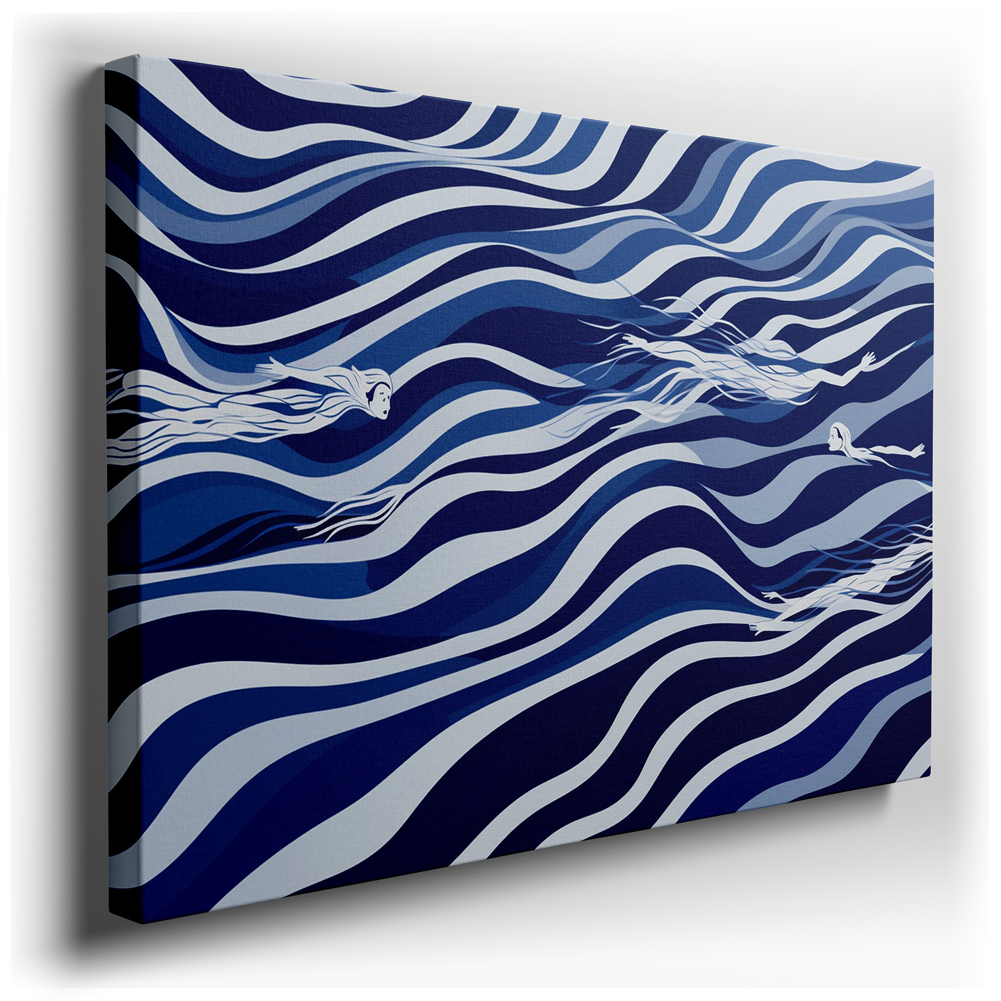 Serene Swimmers in Blue Waves: A Tranquil Abstract Depicting Movement and Freedom - Large Wall Art, Canvas Wall Art,