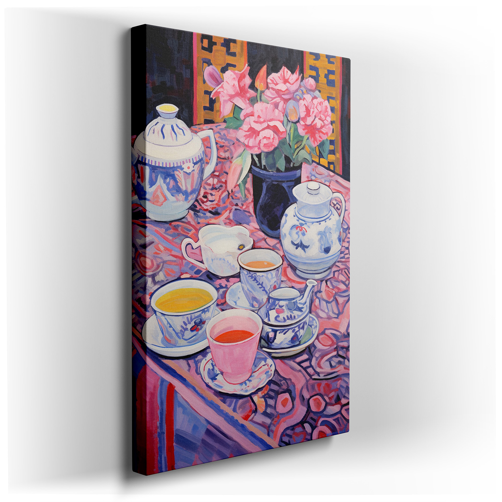 Serene Tea Time Canvas Wall Art Featuring Vibrant Flowers and Luxurious Textiles for Office and Bedroom Decor wrapped