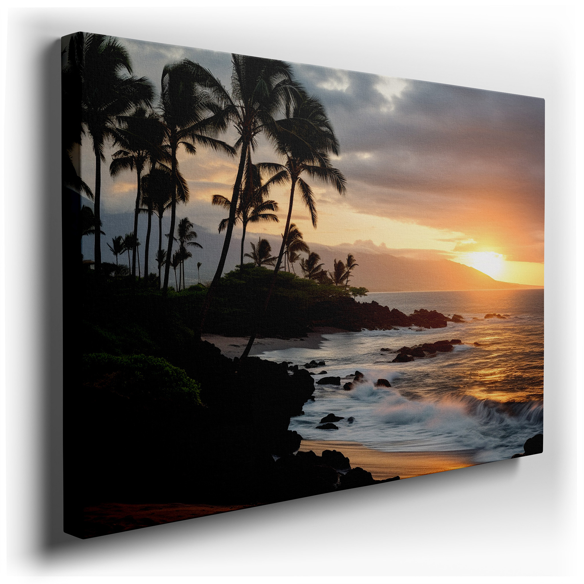 Serene Tropical Beach at Sunset - Tranquil Paradise with Fiery Skies and Whispering Palms Large Wall Art, Canvas Wall