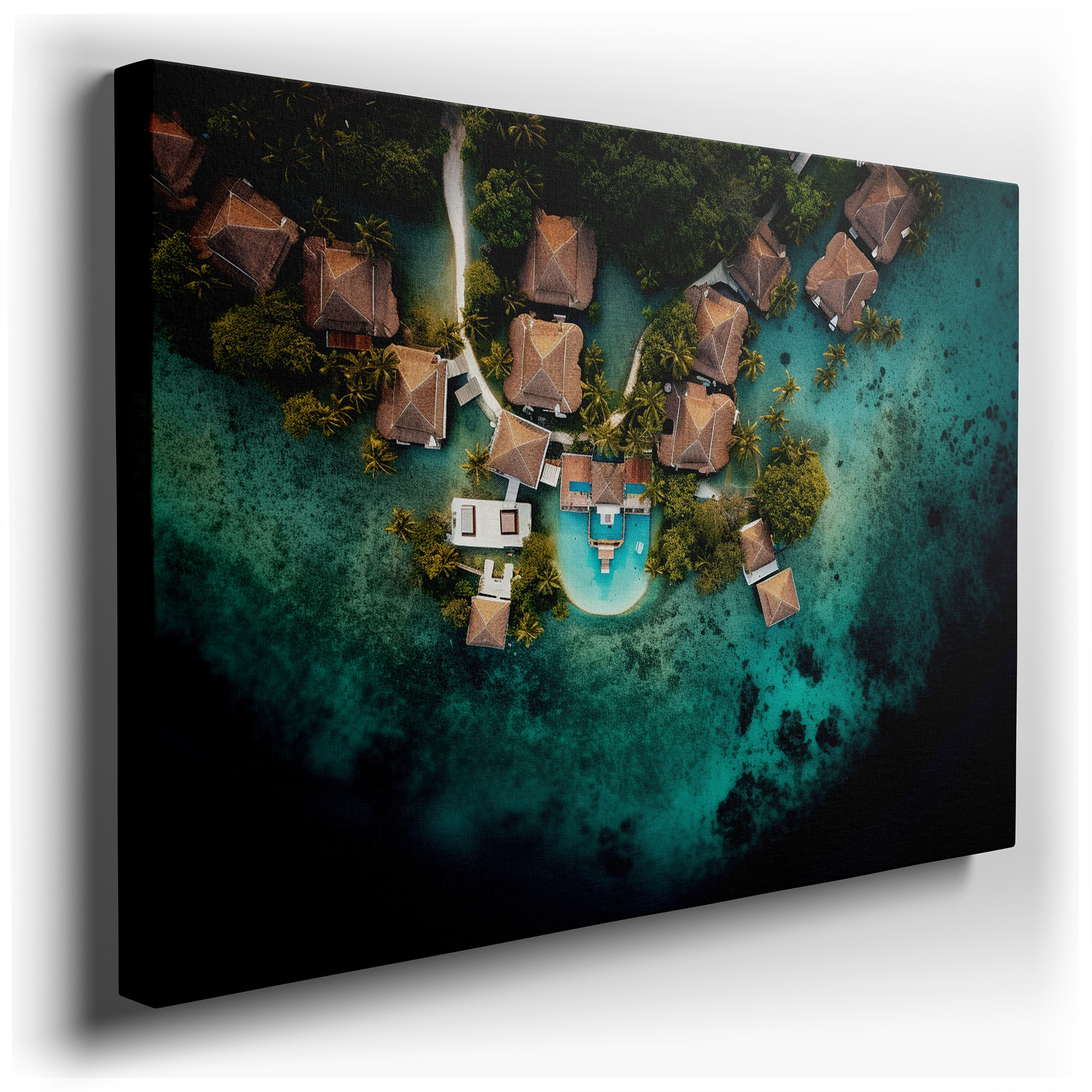 Serene Tropical Resort Featuring Opulent Overwater Bungalows on a Sparkling Aquamarine Lagoon - Large Wall Art, Canvas
