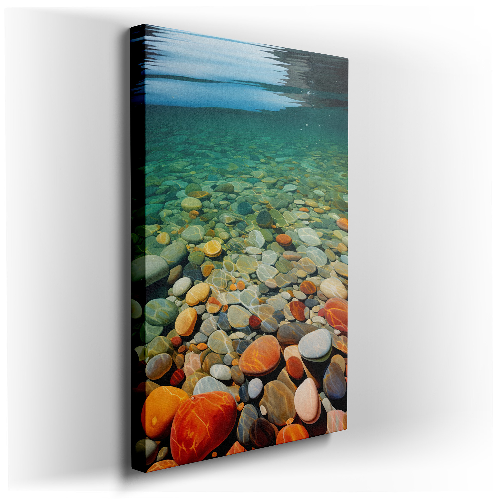 Serene Underwater Pebble Landscape with Sunlit Hues, Large Canvas Wall Art for Office, Bedroom, and Living Room Decor