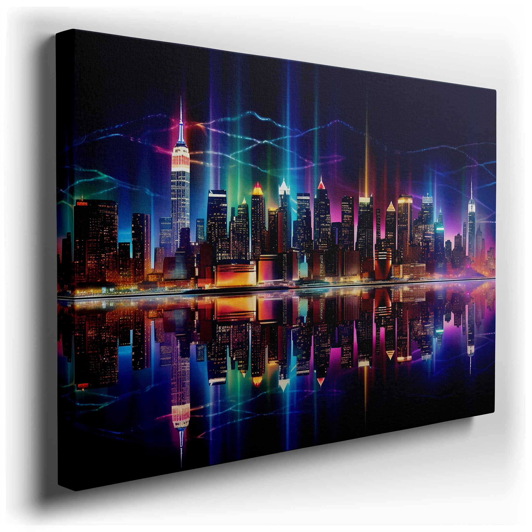 Serene Urban Night Canvas: Vibrant Skyline and Reflective Waters - Large Wall Art for Office and Bedroom Decor wrapped