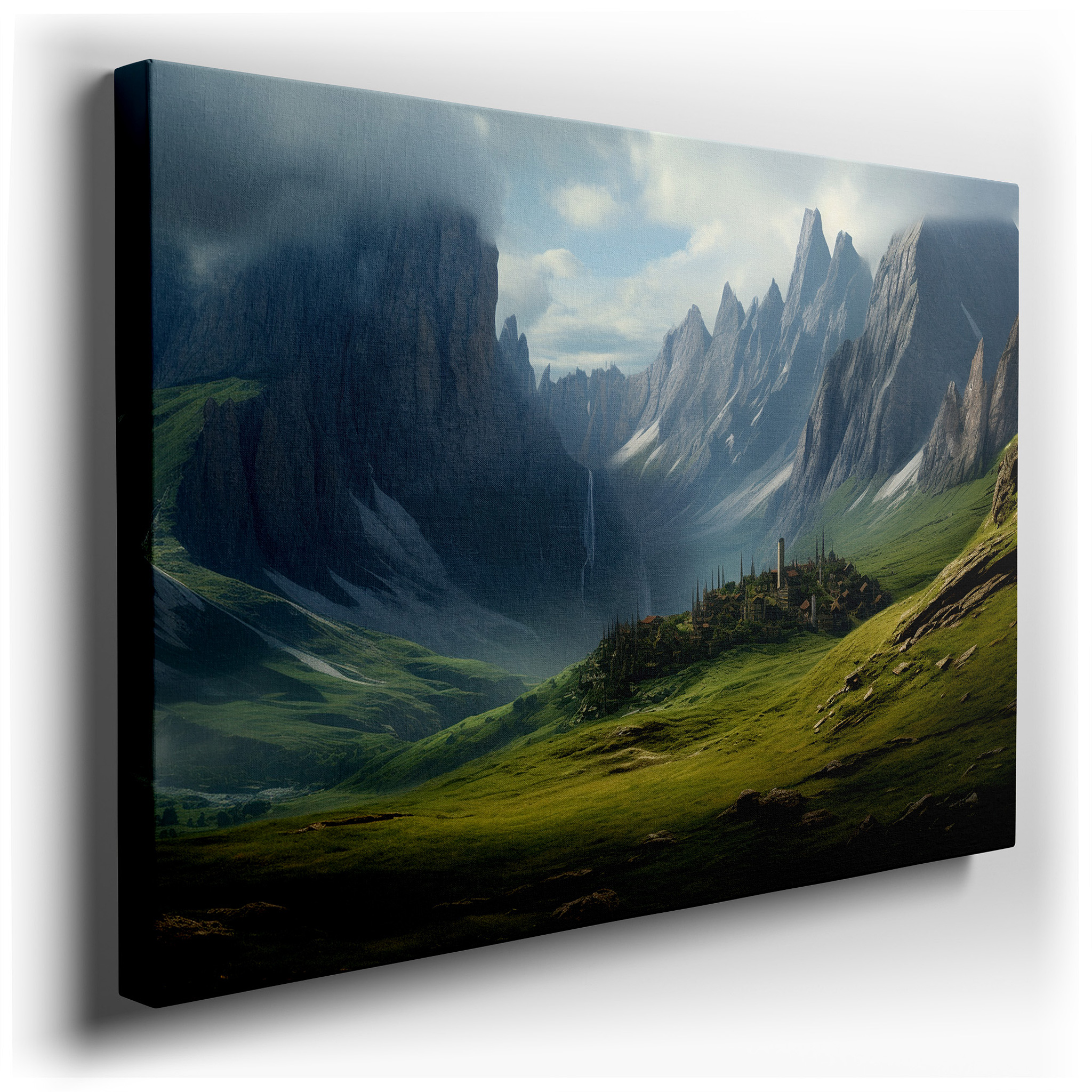 Serene Valley Oasis Featuring Majestic Mountains and Tranquil Village - Large Wall Art with Cascading Waterfall, Canvas