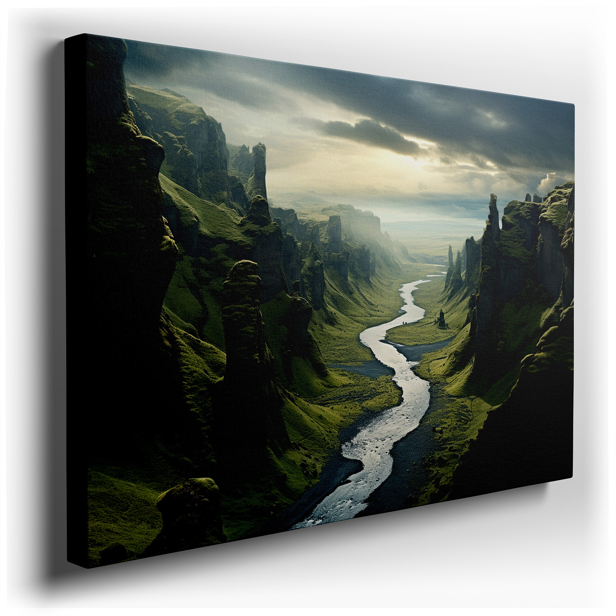Serene Valley Scene with Tranquil River, Towering Cliffs, and Lush Greenery - Large Canvas Wall Art for Office Decor