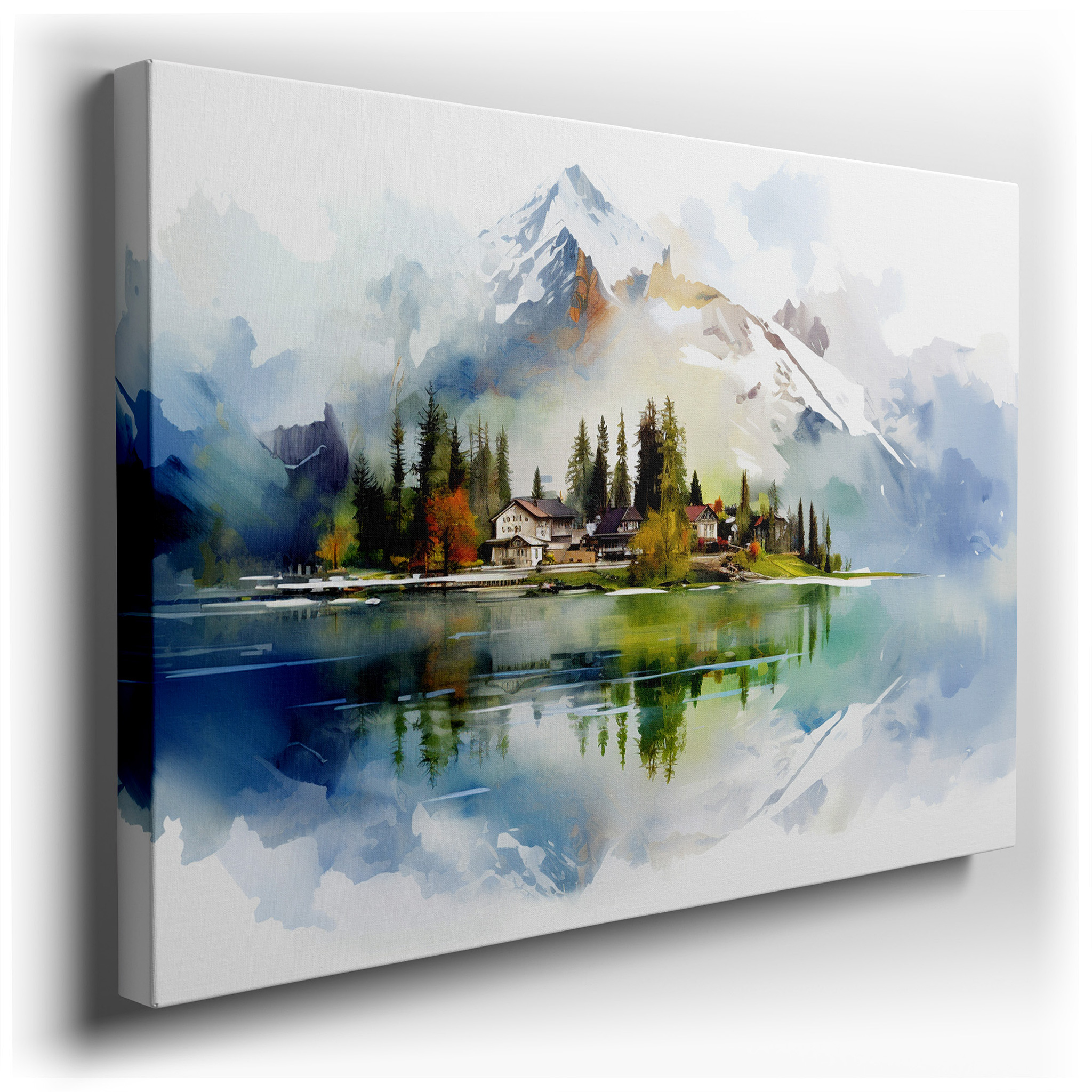 Serene Village by the Lake - Large Canvas Wall Art Depicting a Tranquil Natural Reflection, Perfect for Office or