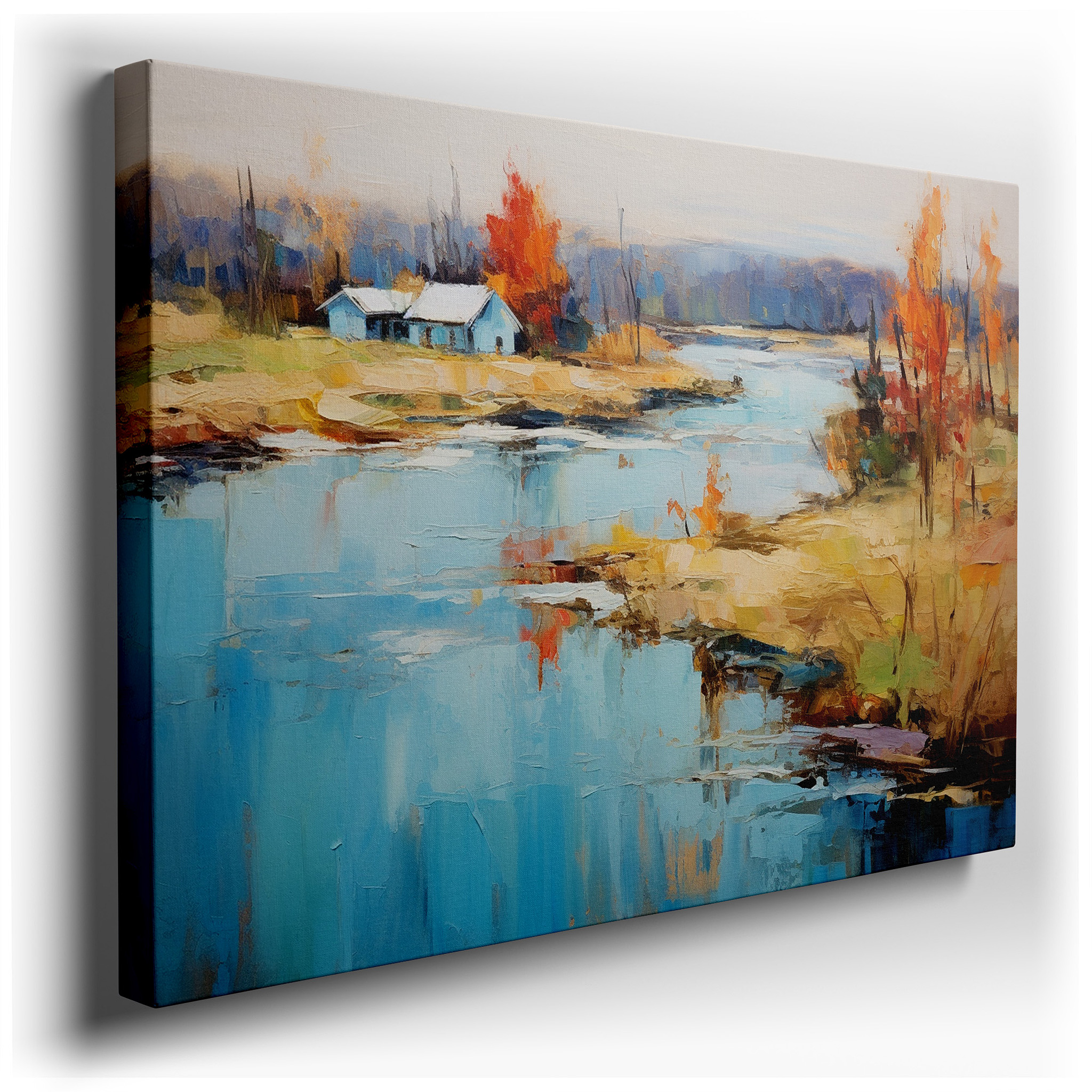 Serene Village Scene with Tranquil River and Fiery Autumn Trees Large Canvas Wall Art for Home and Office Decor wrapped