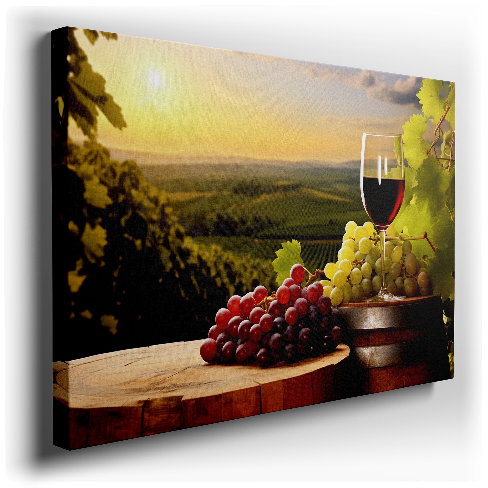 Serene Vineyard Evening Featuring Red Wine and Fresh Grapes Beneath a Golden Sunset - Large Canvas Wall Art for Home
