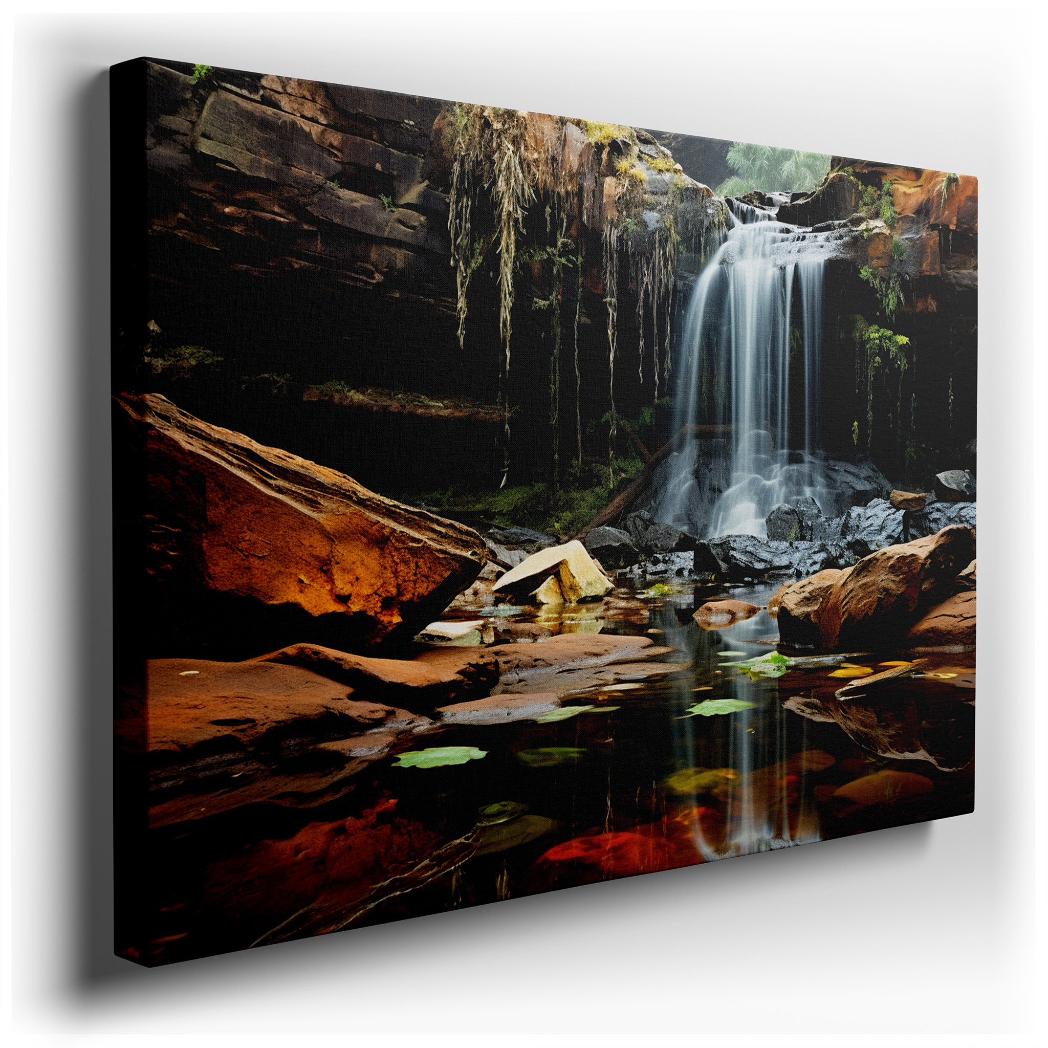 Serene Waterfall Surrounded by Steep Cliffs and Verdant Foliage Large Wall Art, Canvas Wall Art, Wall Decor for Office