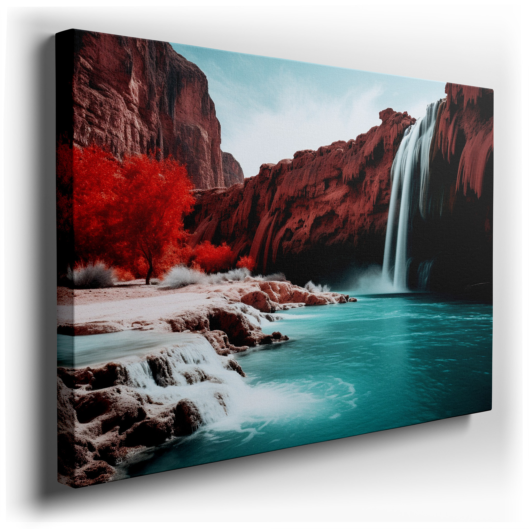 Serene Waterfalls on Crimson Rocks Surrounded by Verdant Foliage: Oversized Wall Art for Living Rooms, Bedrooms, and