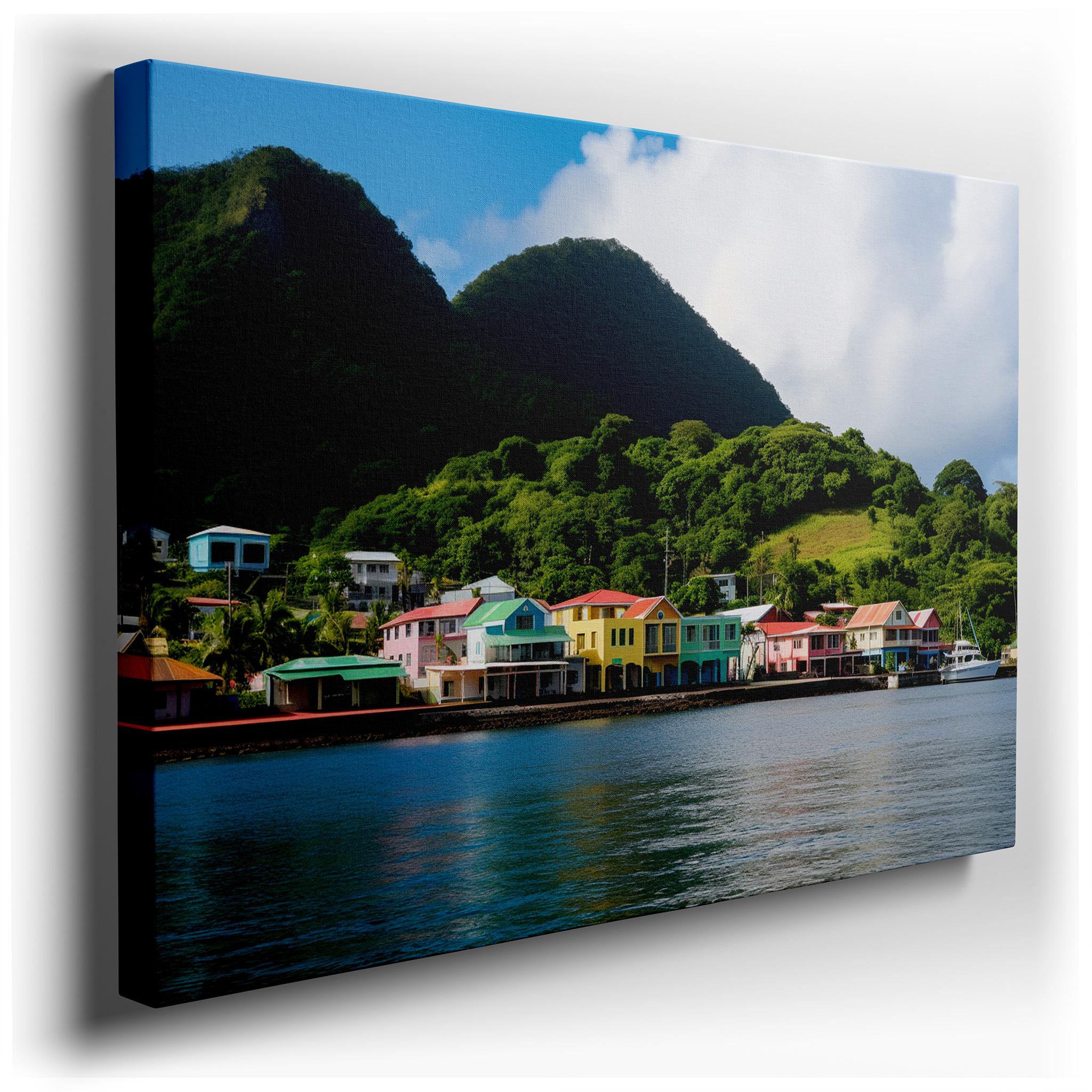 Serene Waterfront Homes with Lush Mountain Views: Large Wall Art, Canvas Wall Art, Wall Decor for Office wrapped canvas