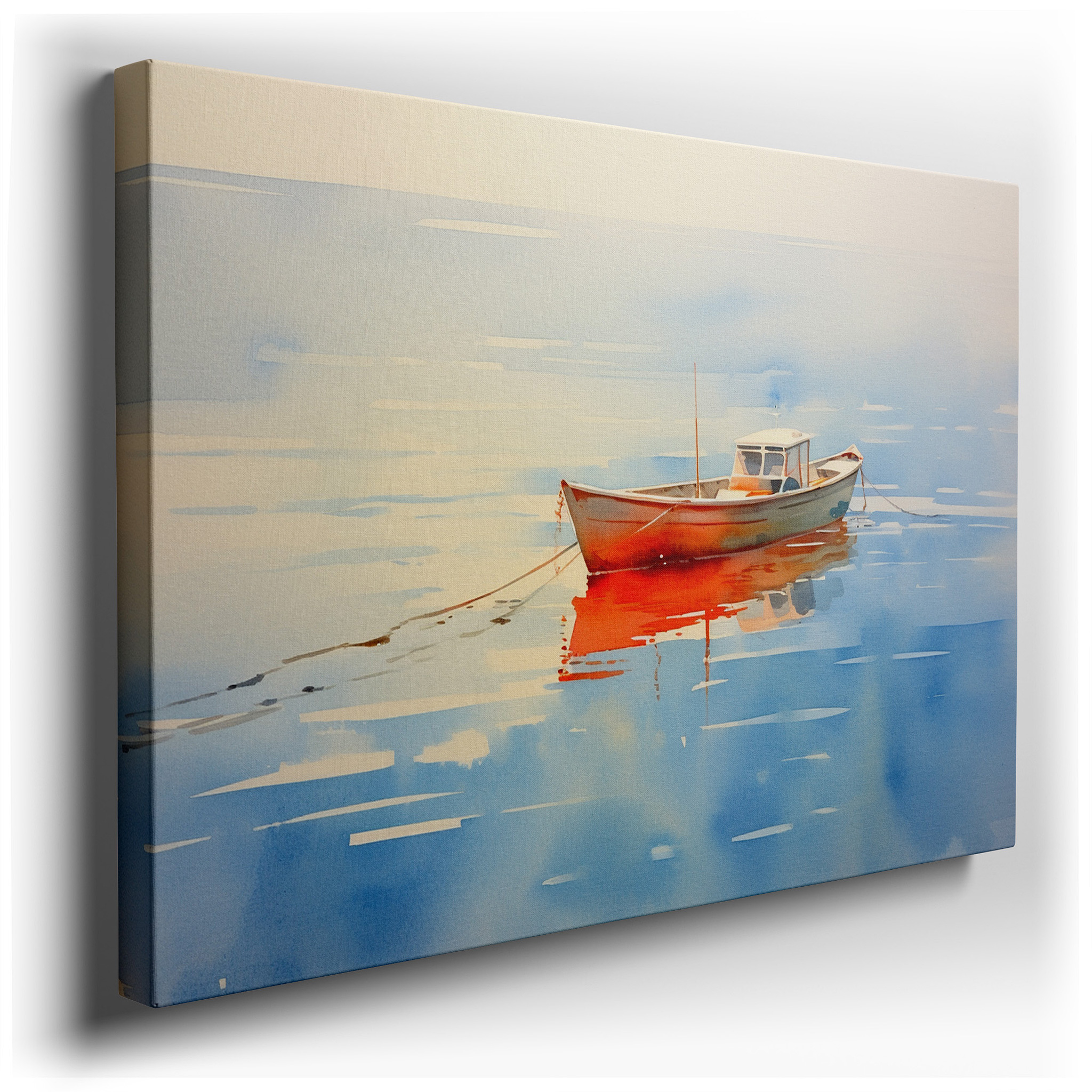 Serene Waters and Solitary Boat: A Tranquil Reflection - Large Canvas Wall Art for Office and Bedroom Decor wrapped