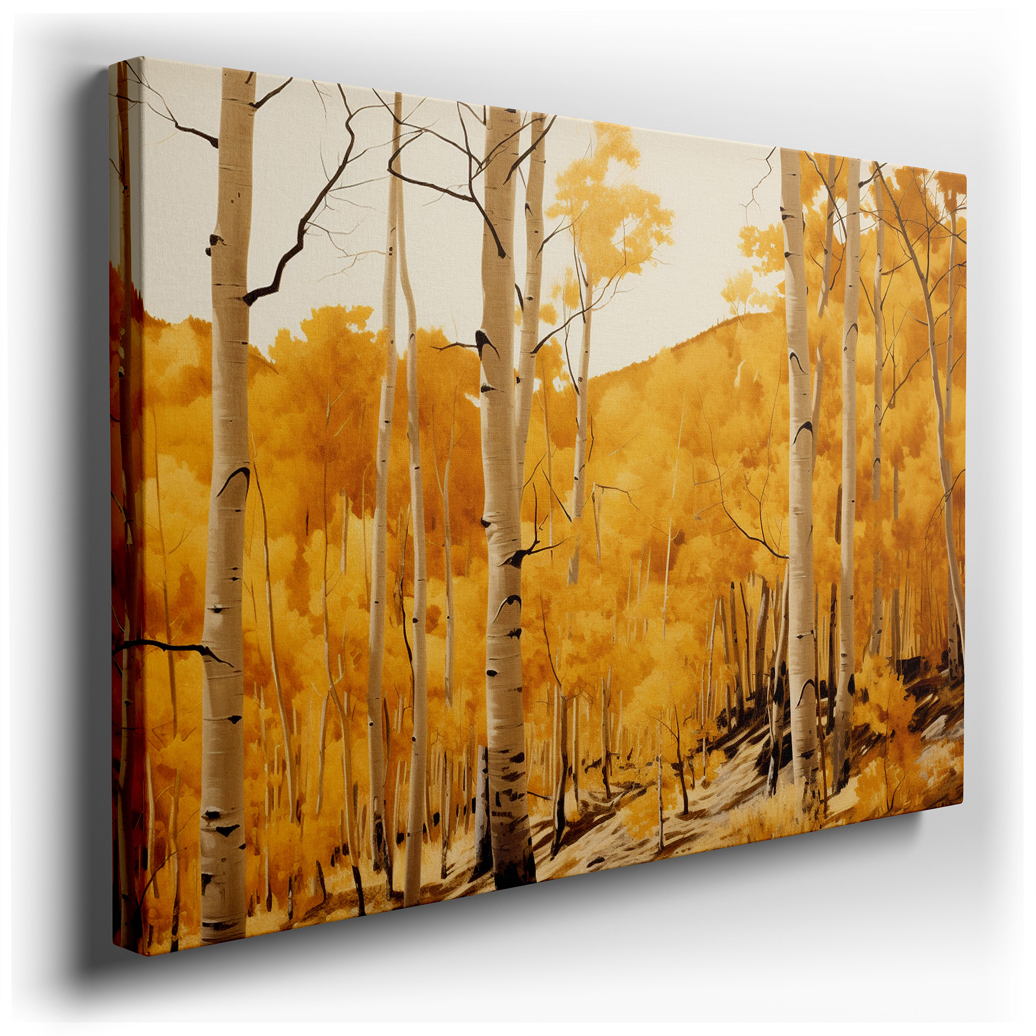 Serene White Aspen Grove with Golden Autumn Leaves - Large Canvas Wall Art for Office, Bedroom, and Living Room Decor