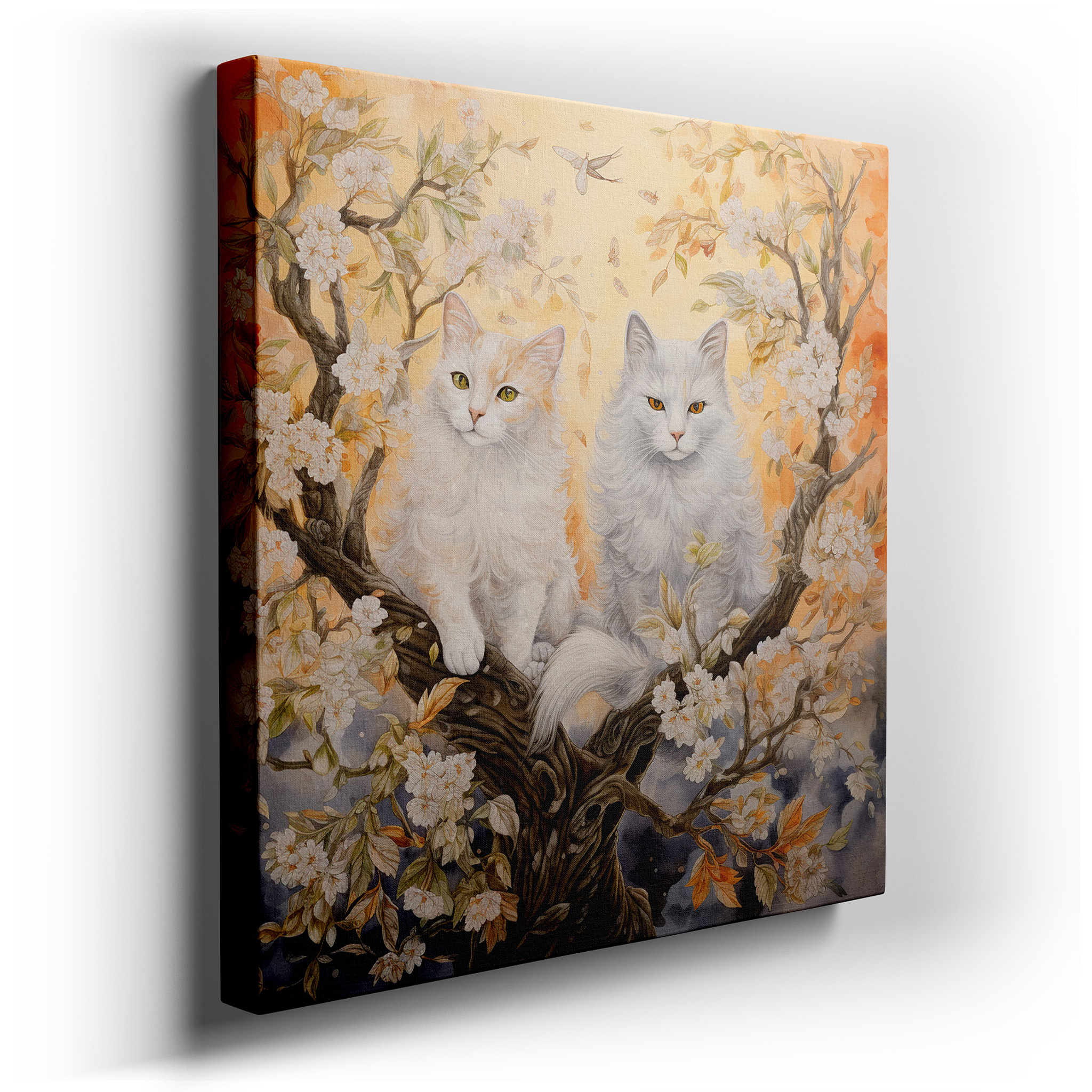 Serene White Cats and Spring Blossoms Symphony, Large Canvas Wall Art for Office and Bedroom Decor wrapped canvas -