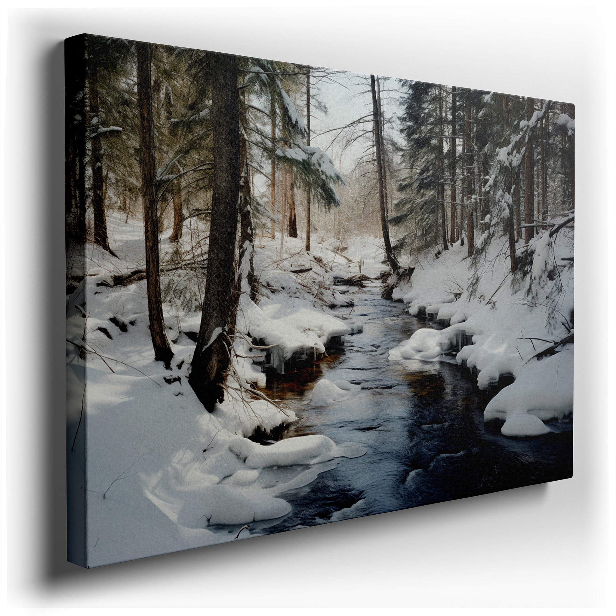 Serene Winter Creek Amidst Snowy Trees Large Wall Art, Canvas Wall Art, Wall Decor for Office, Bedroom, and Living Room