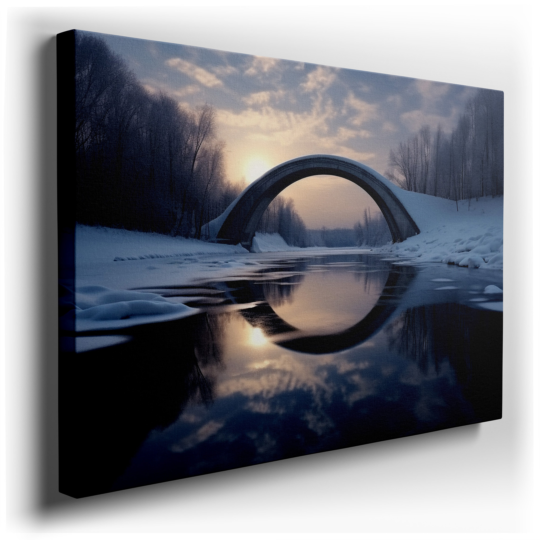 Serene Winter Dawn Above Grand Bridge and Icy River - Large Canvas Wall Art for Office, Bedroom, and Living Room Decor