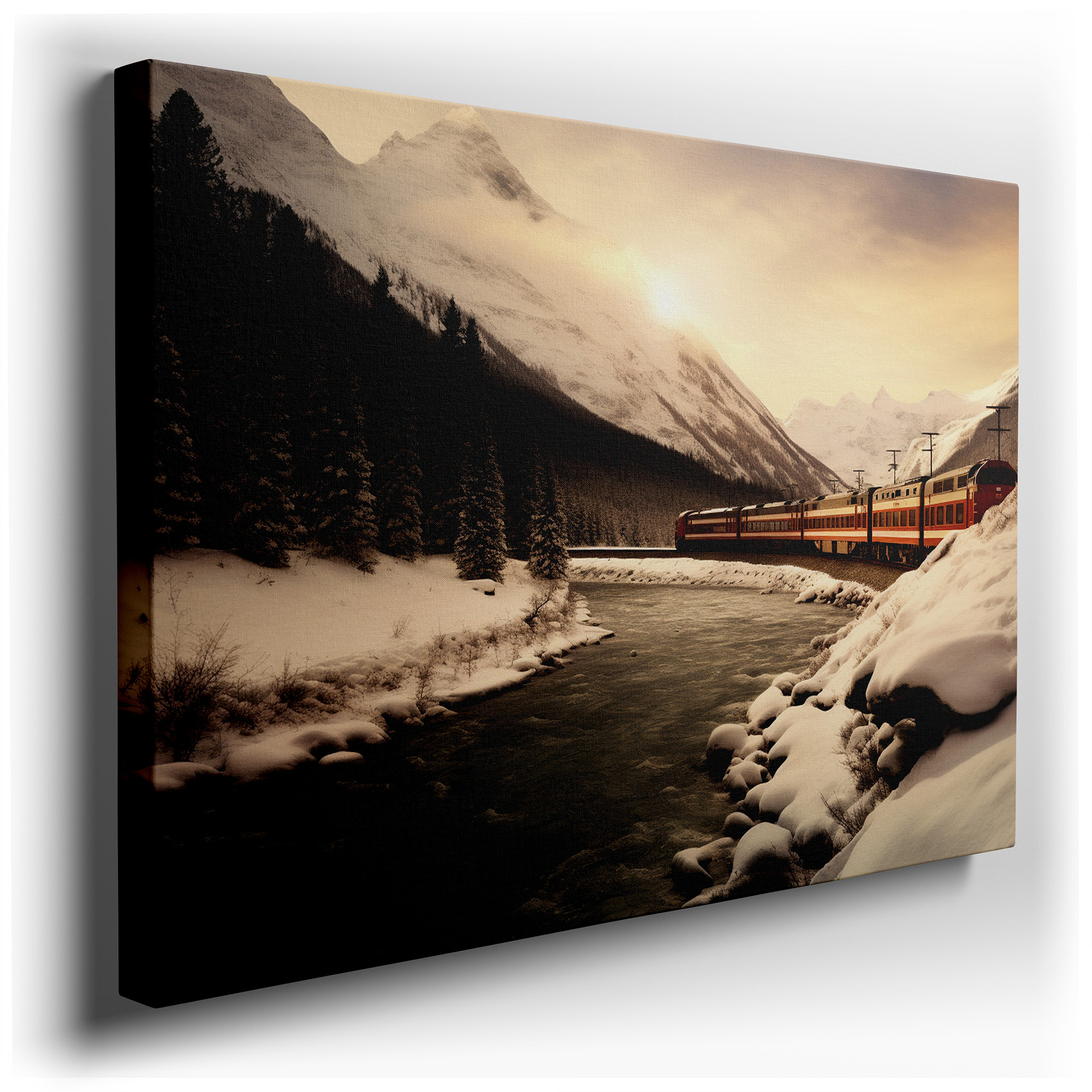 Serene Winter Journey Wall Art Featuring Snow - Capped Mountains and Evergreen - Lined Rivers, Perfect for Office or